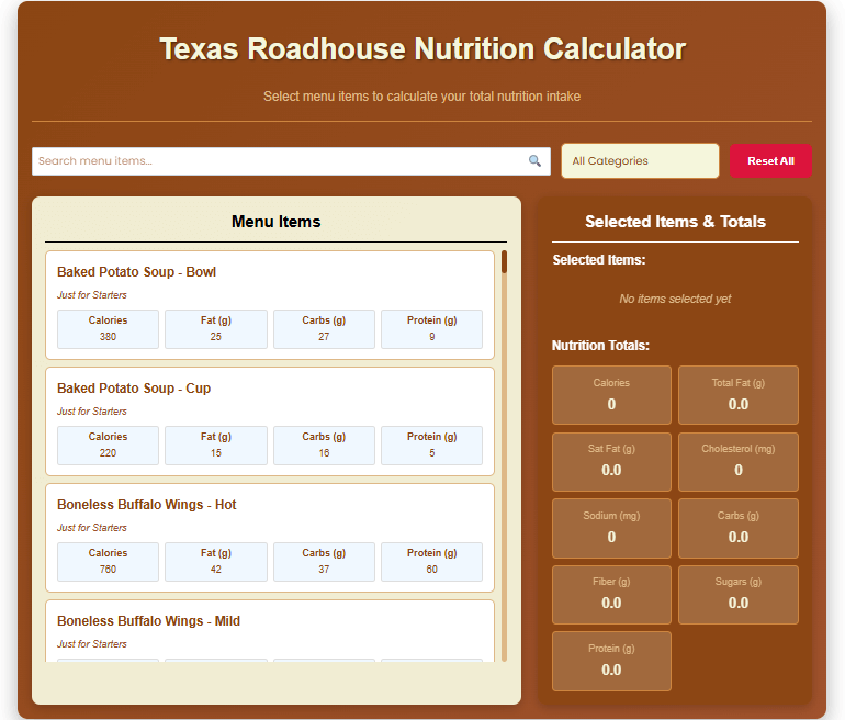 Texas Roadhouse Nutrition Calculator