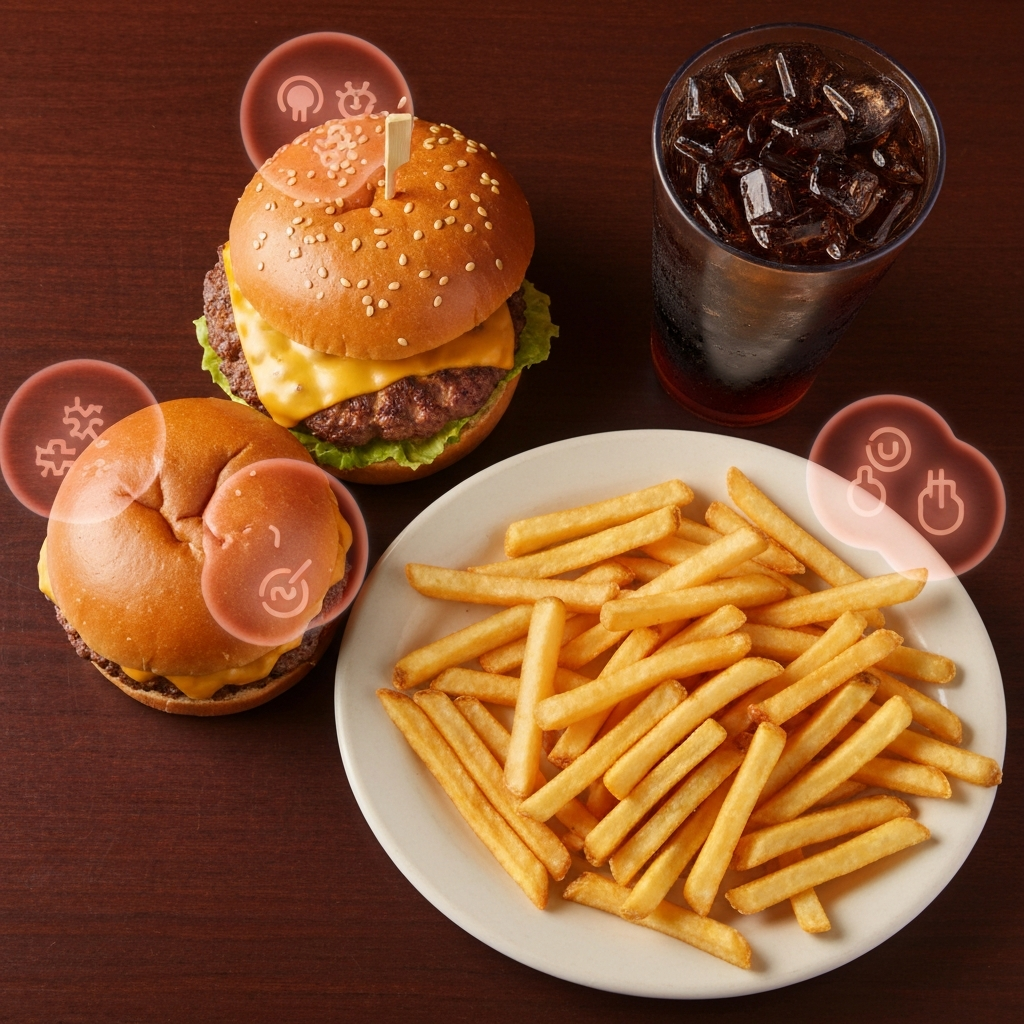 Roadhouse Nutrition Menu: Full Item Breakdown 2026 2 A vibrant, professional overhead photo of a classic roadhouse meal setup: a juicy burger with melted cheese and toppings, a generous serving of golden fries, and a large soda drink. The food looks appealing and ready to be eaten. However, faint, abstract visual elements, like soft, reddish-orange 'auras' or subtle, purely graphic 'nutrient cloud' symbols, emanate from the high-calorie, high-fat items, conceptually hinting at their hidden nutritional density without showing any numbers or words. The lighting is warm and inviting, typical of a casual restaurant setting.