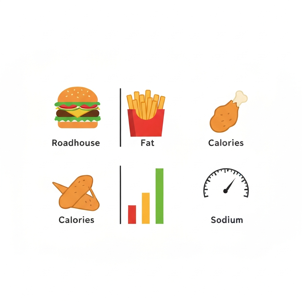 Roadhouse Nutrition Menu: Full Item Breakdown 2026 3 An infographic-style illustration depicting a stylized, clean menu board. Instead of text, clearly recognizable icons represent common roadhouse dishes such as a burger, a plate of fries, and a chicken wing. Adjacent to each food icon, abstract, purely visual gauges or vertical bar graphs (using a color spectrum from green to red, for example) non-verbally indicate the relative levels of calories, fat, and sodium for that item. The overall design is modern and straightforward, emphasizing comparative nutritional information through intuitive visual cues.