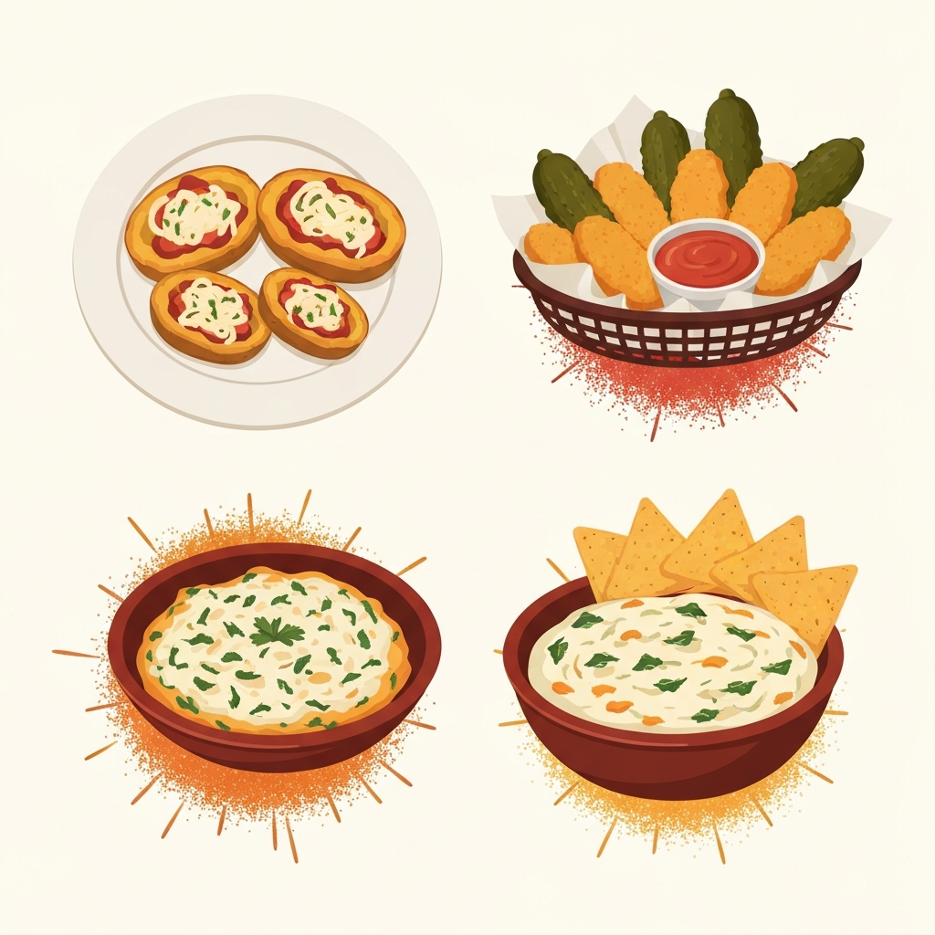 Roadhouse Nutrition Menu: Full Item Breakdown 2026 4 A flat illustration style showcasing three popular roadhouse appetizers: a plate of Loaded Potato Skins, a basket of Fried Pickles with dipping sauce, and a bowl of creamy Spinach Artichoke Dip with tortilla chips. Each item is rendered clearly and appealingly. Around or beneath each appetizer, purely abstract visual cues, such as dense, swirling patterns of warm colors or subtle 'energy burst' graphics, conceptually imply high caloric and fat content. The composition should highlight each dish individually while collectively illustrating the appetizer category's nutritional density.