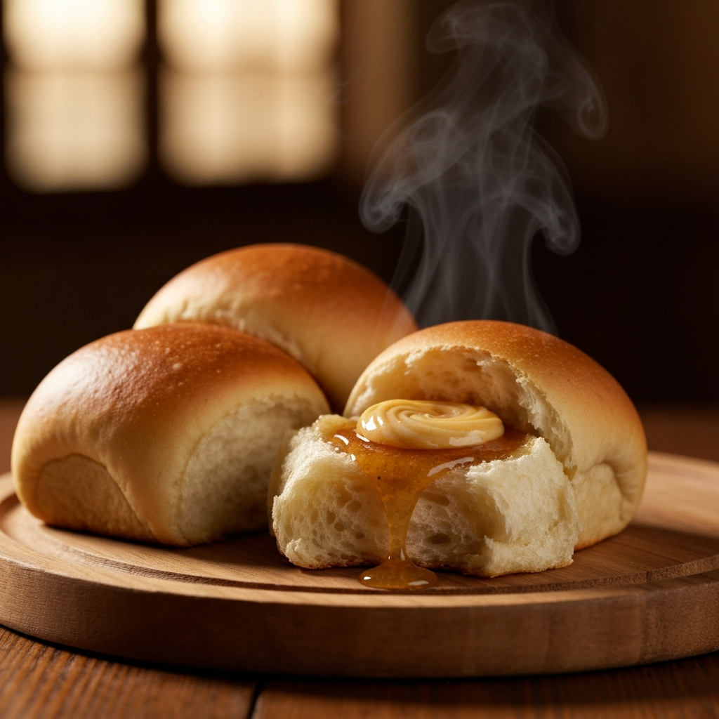 Texas Roadhouse Butter Calories: What You Need to Know 2 A professional food photograph, captured in warm, inviting light. The scene focuses on two or three freshly baked, golden-brown Texas Roadhouse rolls, steaming slightly, on a wooden cutting board or a rustic plate. One roll is gently torn open, revealing its soft interior, with a glistening, amber dollop of cinnamon-honey butter melting gracefully into its crevices. The background is softly blurred, suggesting a cozy restaurant atmosphere.