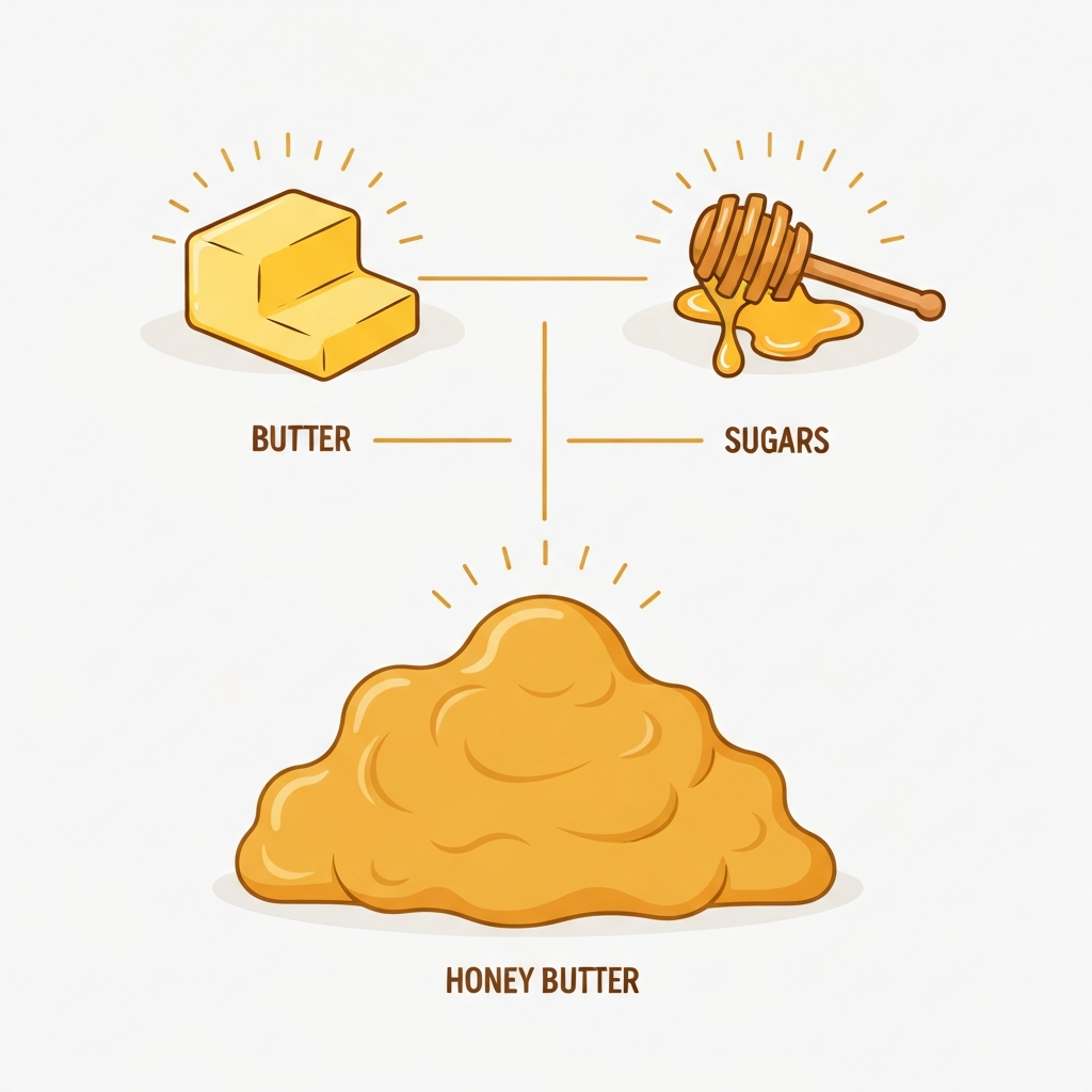 Texas Roadhouse Butter Calories: What You Need to Know 3 A modern infographic-style illustration with clean lines and a warm color palette. A large, stylized blob of golden cinnamon-honey butter is centered on a light background. Two distinct visual pathways branch out from this central butter blob. One path leads to a simplified icon of a stick of butter, representing fat. The other path leads to an icon of a honey dipper with glistening drops of honey, representing sugars. Subtle visual energy lines radiate from the butter stick and honey dipper icons, visually emphasizing their caloric density.