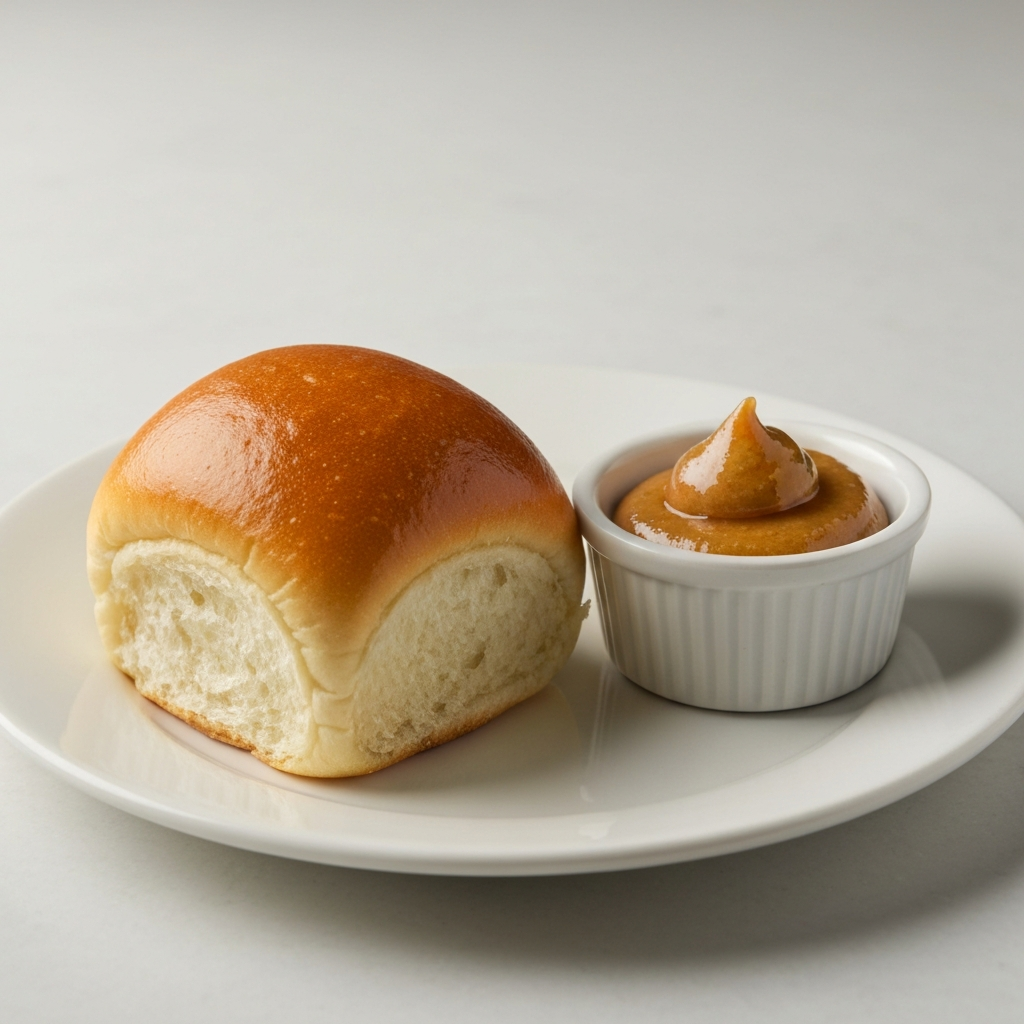 Texas Roadhouse Butter Calories: What You Need to Know 4 A high-quality, professional still-life photograph. The subject is a single, perfectly golden-brown Texas Roadhouse roll, presented on a simple, clean white plate. Adjacent to the roll, a small, elegant ramekin holds a modest, perfectly portioned serving of the cinnamon-honey butter. The setting is clean and minimalist, focusing on the roll and the butter in a balanced, mindful way. The lighting is soft and natural, highlighting the texture of the roll and the inviting sheen of the butter.