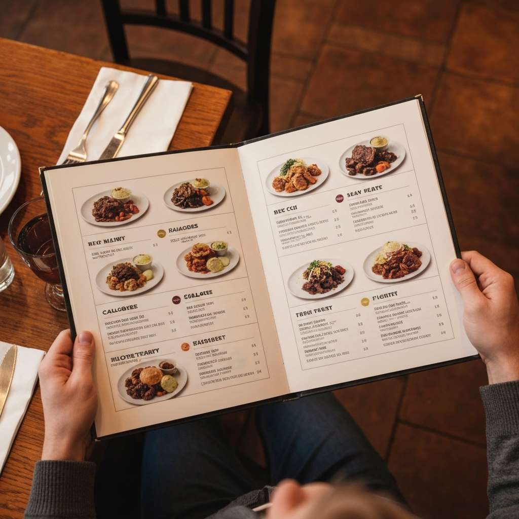 Texas Roadhouse Calories Guide 2026: Full Menu 2 A professional photo from an overhead perspective showing a diner's hands holding a menu at a lively, rustic American steakhouse (think Texas Roadhouse ambiance with peanut shells on the floor and warm lighting). The menu itself is open, and various dishes on the menu are subtly highlighted with visual cues, some appearing 'rich' or 'heavy' with deep, saturated colors, while others appear 'lighter' and 'fresh' with brighter hues, visually representing the concept of calorie choices without numbers. The scene conveys thoughtfulness and informed decision-making.