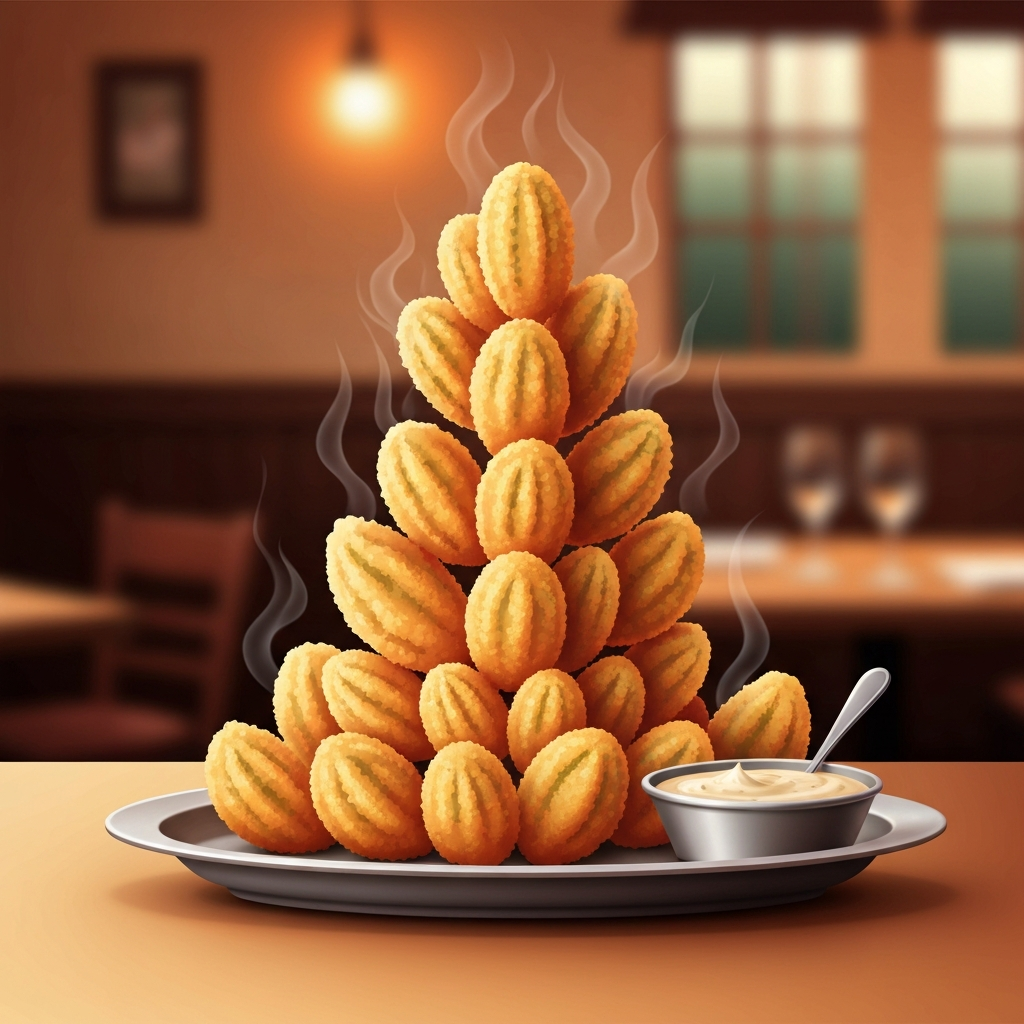 Texas Roadhouse Calories Guide 2026: Full Menu 3 A vibrant, flat illustration or vector art image showcasing a towering, golden-brown 'Cactus Blossom' appetizer, fresh out of the fryer, arranged dramatically on a serving platter with a generous side of creamy dipping sauce. The illustration style is appealing and mouth-watering, with subtle steam rising from the crispy petals. The background is a blurred, warm, restaurant interior. The composition emphasizes the impressive size and indulgent nature of the deep-fried dish, without showing specific calorie counts.