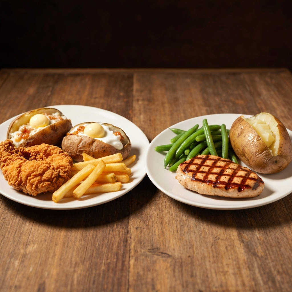 Texas Roadhouse Calories Guide 2026: Full Menu 4 A realistic, professional food photography image depicting two distinct meal plates placed side-by-side on a rustic wooden table. The first plate features a 'hearty' meal: a large portion of deep-fried crispy chicken, a generous serving of french fries, and a loaded baked potato with butter and sour cream. The second plate, in contrast, shows a 'lighter' meal: a perfectly grilled steak or chicken breast, a side of steamed green beans, and a plain baked potato. The lighting is warm and inviting, highlighting the visual differences in preparation and ingredients.