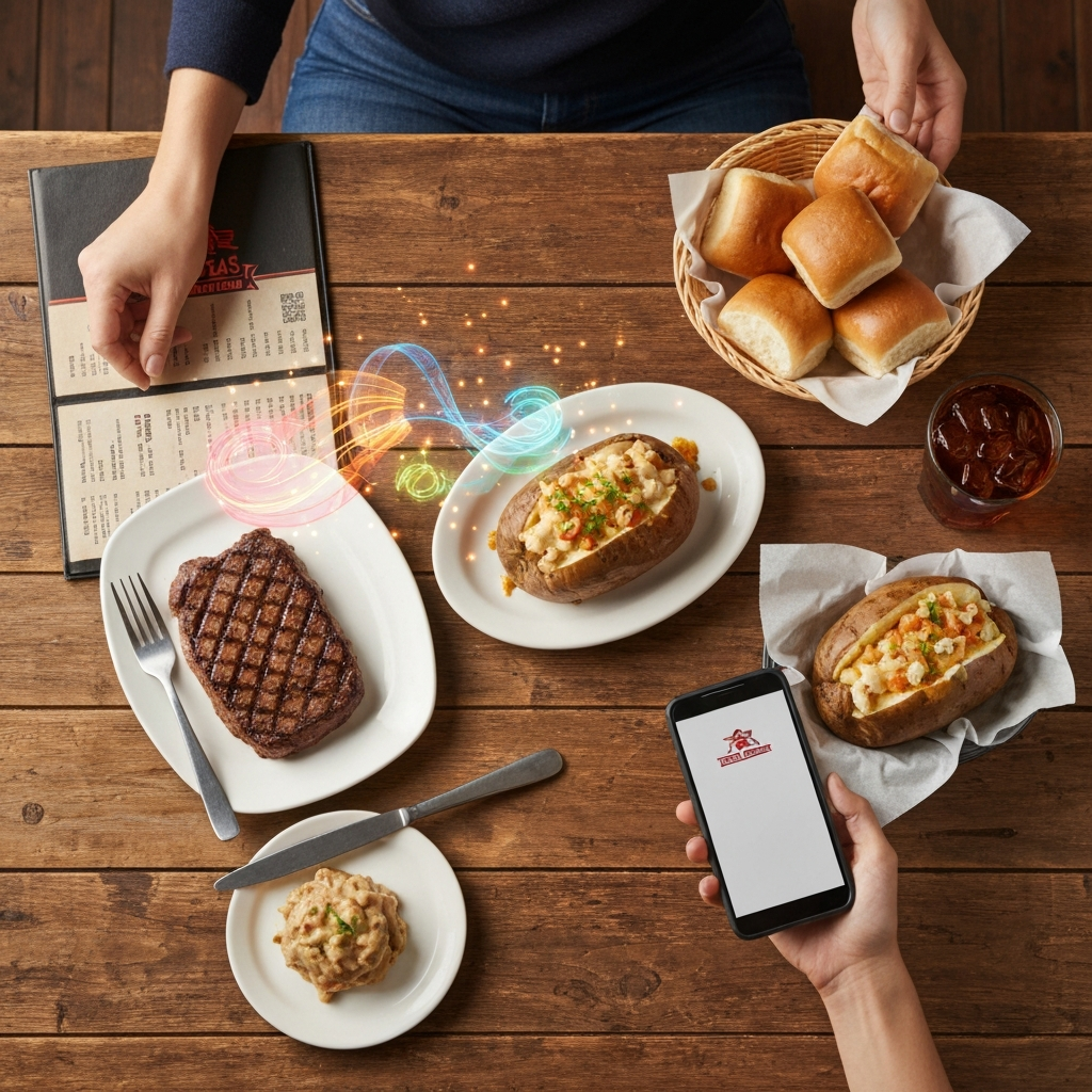 A professional, top-down photo capturing a vibrant Texas Roadhouse dining experience. A perfectly cooked steak, a loaded baked potato, a basket of warm rolls, and a small glass of iced tea are neatly arranged on a rustic wooden table. One hand is gently reaching for a menu, while the other holds a smartphone with a subtle, abstract, glowing data overlay (like a translucent pie chart or bar graph composed of different colored energy swirls) hovering above the dishes, symbolizing nutritional awareness without any numbers or words. The overall feel is inviting yet thoughtful.