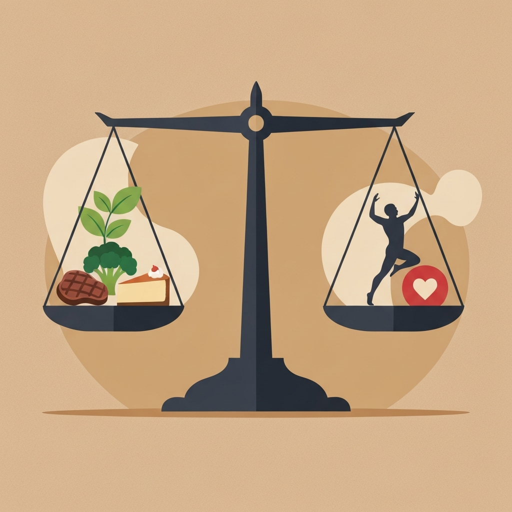 A clean, modern flat illustration. The scene features a stylized balance scale. On one side, miniature, iconic Texas Roadhouse items are playfully arranged: a small steak, a single roll, a side of broccoli, and a slice of cheesecake. On the other side, abstract symbols representing health and wellness goals are placed: a small leafy green plant, a stylized human silhouette in a dynamic pose, and a subtle heart icon. The scale is perfectly balanced, illustrating the concept of mindful dining and achieving equilibrium between indulgence and nutritional goals. The background is a warm, neutral texture.