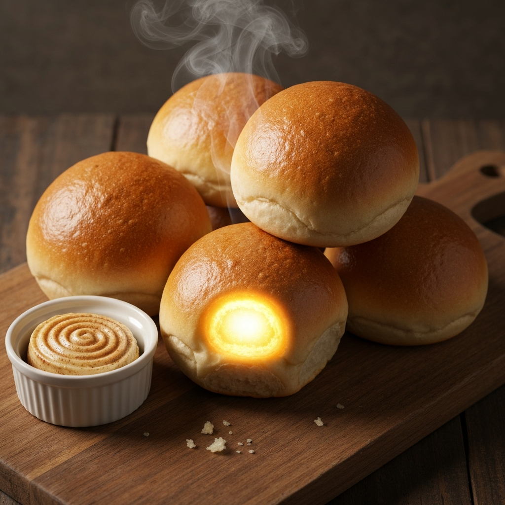 Texas Roadhouse Rolls: Calories & Nutrition Facts 2026 2 A professional, high-angle food photograph of several warm, freshly baked Texas Roadhouse-style dinner rolls piled invitingly on a rustic wooden board, accompanied by a ramekin of melting cinnamon butter. The scene is bathed in soft, warm lighting, creating a comforting and irresistible atmosphere. One roll subtly glows with an internal, ethereal warmth, hinting at its hidden energy content without explicit numbers. The focus is on texture, steam, and deliciousness, with an underlying sense of abundance.