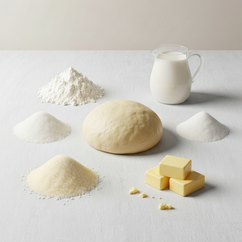Texas Roadhouse Rolls: Calories & Nutrition Facts 2026 4 An artistic, deconstructed still life illustration showcasing the key ingredients of a rich, sweet dinner roll. A whole, unbaked roll dough is central, surrounded by individual piles of ingredients: white flour, granulated sugar, softened butter, and a splash of milk in a small pitcher. The butter and sugar piles are slightly larger or more prominently highlighted to visually imply their contribution to the roll's calorie density. The style is clean and informative, reminiscent of a recipe breakdown, using soft, natural lighting on a light, textured surface.