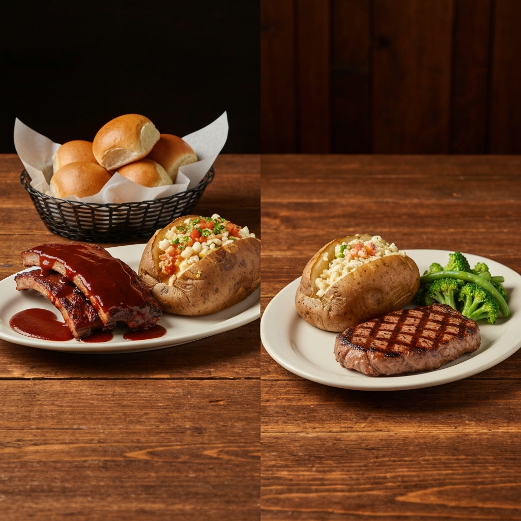 A visually striking, professional photo showcasing a split-screen or side-by-side comparison of two dinner plates on a rustic wooden table, reminiscent of Texas Roadhouse. On one side, an indulgent meal: a large portion of ribs smothered in BBQ sauce, a loaded baked potato overflowing with toppings, and a basket of warm, buttery rolls. On the other side, a healthy alternative: a lean grilled sirloin steak, a plain baked potato, and a vibrant side of steamed green beans or broccoli. The lighting should be warm and inviting, highlighting the contrast in food choices without being preachy, focusing on the visual appeal of both.