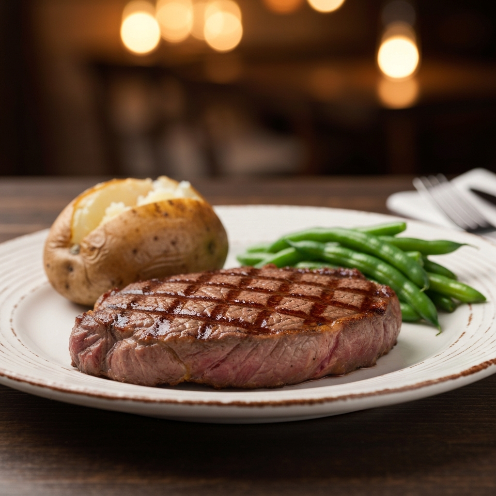 High Protein Meals at Texas Roadhouse (2026 List) 2 A vibrant, professional close-up photo of a perfectly grilled Sirloin steak on a rustic white plate. The steak is medium-rare, showcasing its lean texture. Accompanying the steak are a plain baked potato, lightly browned, and a small side of vibrant steamed green beans. The plate rests on a dark wooden table, subtly hinting at a restaurant setting, perhaps with a soft, out-of-focus background showing warm, rustic lighting typical of a steakhouse. The focus is entirely on the fresh, high-protein meal, emphasizing health and taste.