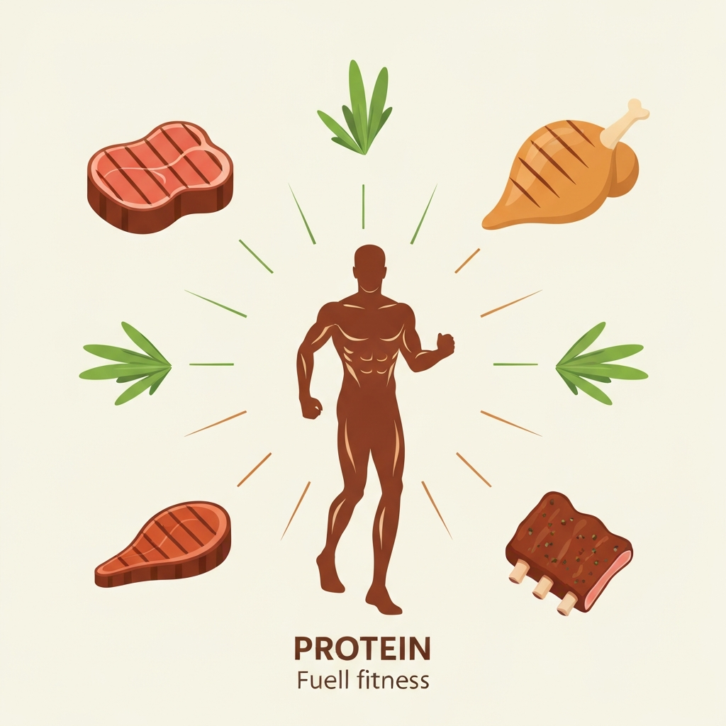High Protein Meals at Texas Roadhouse (2026 List) 3 An infographic-style flat illustration depicting the concept of protein fueling fitness. In the center, a stylized, athletic human silhouette with subtle muscle definition is shown in an active pose. Surrounding the figure are various high-protein food items commonly found at a steakhouse: a slice of grilled sirloin, a whole grilled chicken breast, and a portion of ribs. Subtle, dynamic lines or arrows radiate from these food items towards the human figure, symbolizing energy and muscle growth. The color palette is clean and modern, using earth tones and greens for freshness, without any harsh shadows.