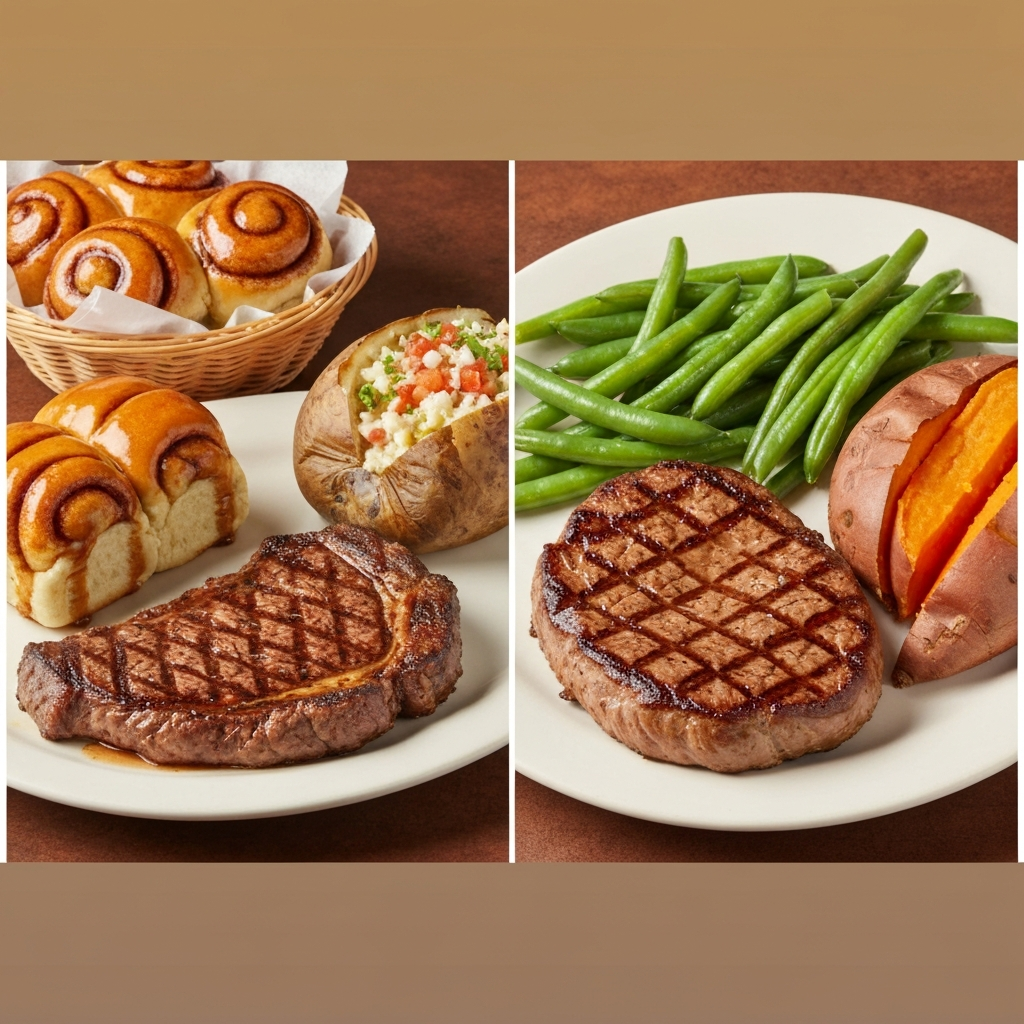 Is Texas Roadhouse Healthy? 2026 Nutrition Guide 2 A vibrant, professional food photography image showcasing two distinct Texas Roadhouse meal options side-by-side. On the left, an 'indulgent' plate features a large, generously marbled ribeye steak, a fully loaded baked potato overflowing with toppings, and a basket of warm, cinnamon-butter-drenched rolls. On the right, a 'healthier' plate presents a lean Dallas filet, a side of steamed green beans, and a plain baked sweet potato, emphasizing fresh, lighter options. The lighting should highlight the contrast between rich textures and fresh ingredients.