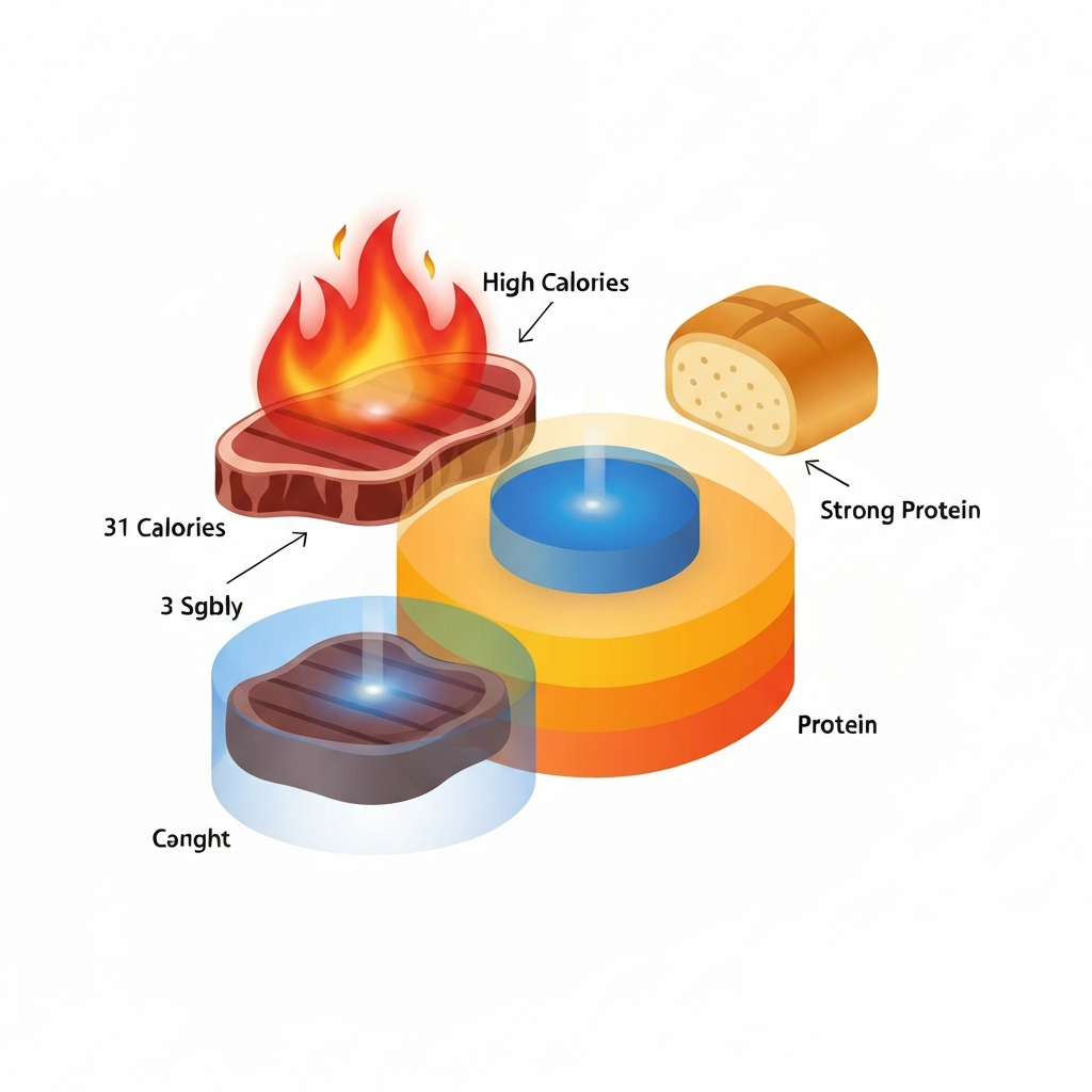 Is Texas Roadhouse Healthy? 2026 Nutrition Guide 3 A modern infographic illustration with a clean, vector aesthetic, visually deconstructing the nutritional components of a typical Texas Roadhouse meal. Elements like a stylized steak, a baked potato, and a roll are depicted with transparent, glowing overlays. These overlays represent abstract concepts: a fiery red aura for high calories, a thick yellow-orange layer for fat content, and a strong blue core for protein. The illustration should convey complex nutritional information visually, using a vibrant but professional color palette to distinguish each component without any text.