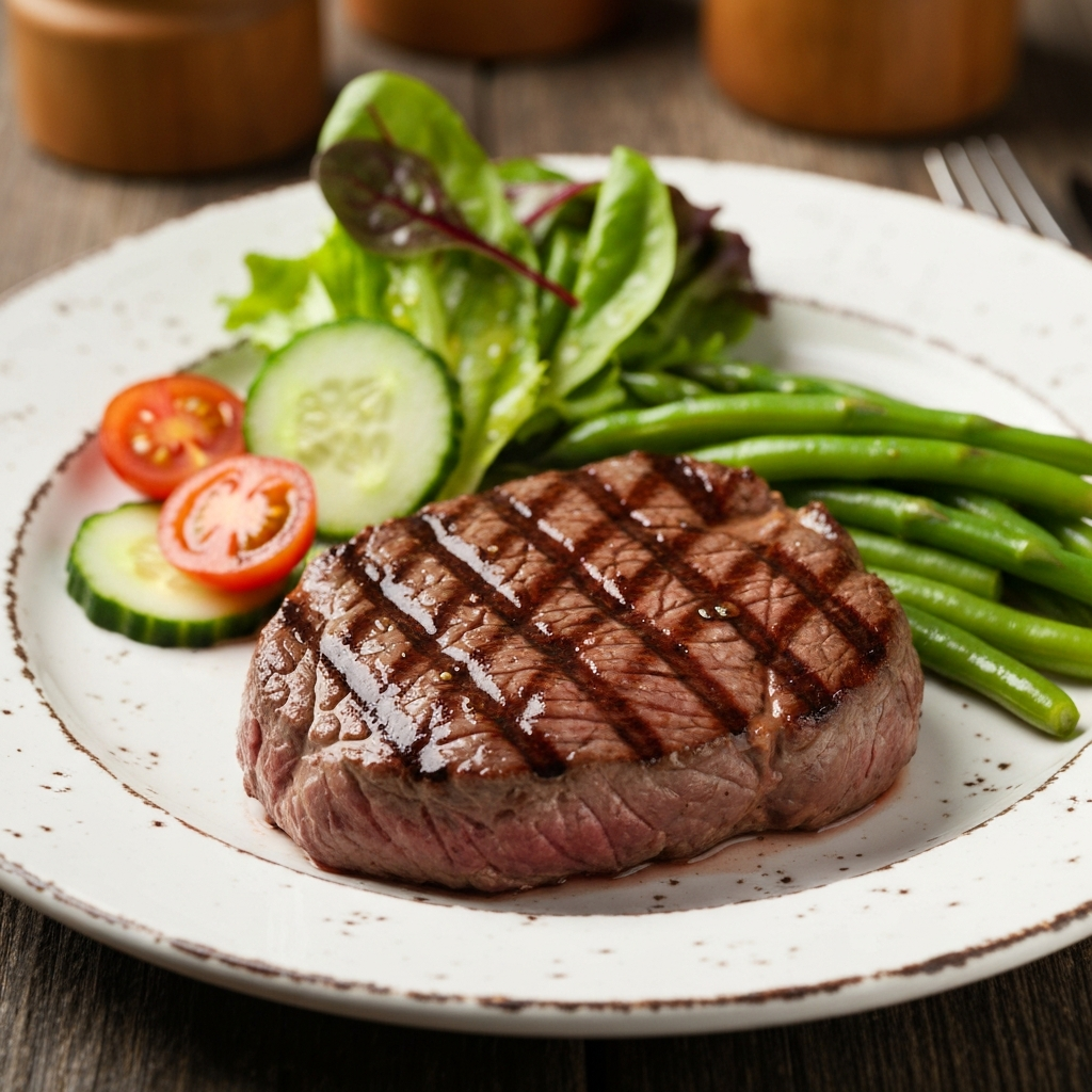 Low Carb Texas Roadhouse Meals: Nutrition Guide 2026 2 A beautifully composed professional food photograph of a satisfying low-carb meal. The center of a rustic, white plate holds a perfectly grilled medium-rare sirloin steak, glistening with natural juices. Alongside it, a vibrant portion of steamed green beans or asparagus, and a small, fresh side salad featuring crisp leafy greens, cucumber slices, and cherry tomatoes with a clear, light dressing. The background subtly suggests a restaurant dining table, perhaps blurred wooden textures, creating an inviting and healthy dining scene.