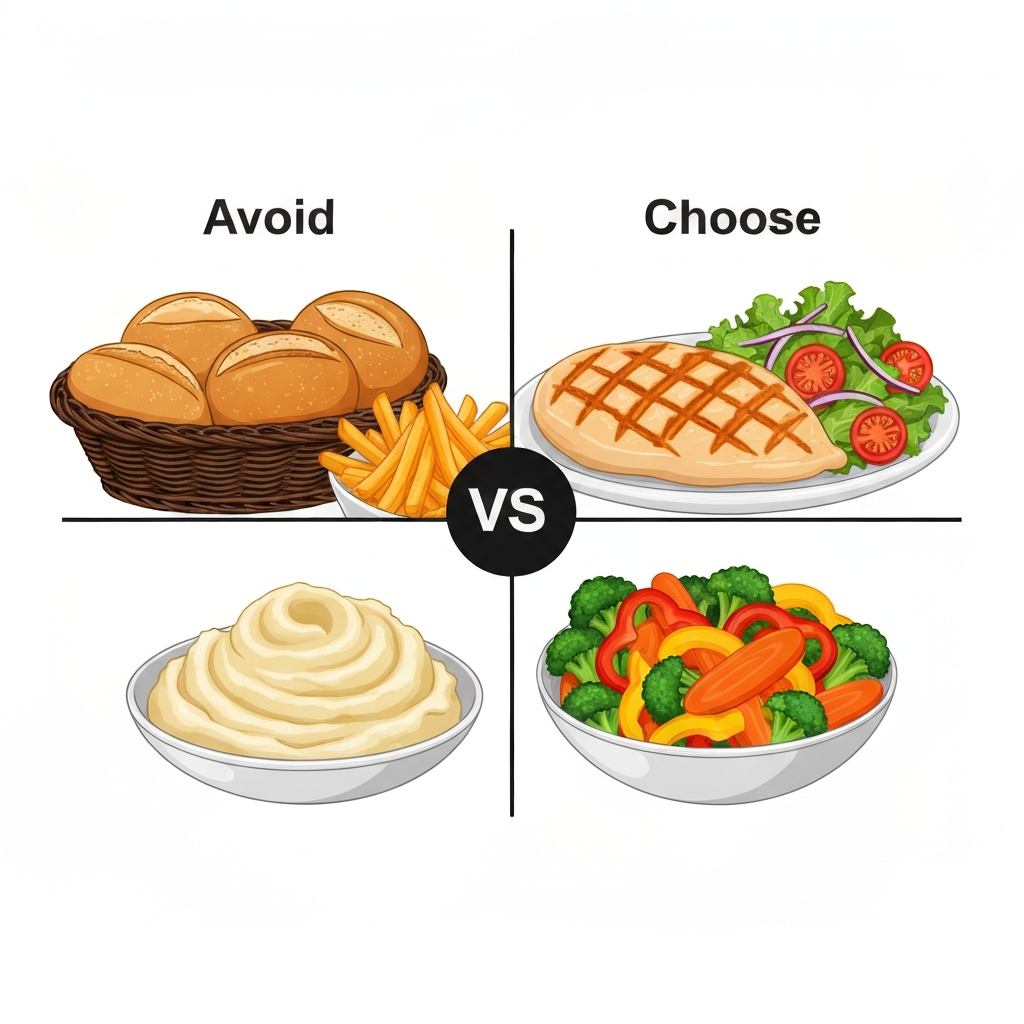 Low Carb Texas Roadhouse Meals: Nutrition Guide 2026 3 An infographic-style illustration comparing high-carb versus low-carb choices at a restaurant. On the left side, depict a visual 'avoid' section featuring common high-carb items: a basket of warm bread rolls, a large serving of golden french fries, and a creamy scoop of mashed potatoes, subtly desaturated or visually deemphasized. On the right side, a 'choose' section showcases appealing low-carb alternatives: a grilled chicken breast, a bowl of colorful steamed mixed vegetables (broccoli, carrots, bell peppers), and a fresh side salad. The illustration should be clean, informative, and use clear visual separation without any words.