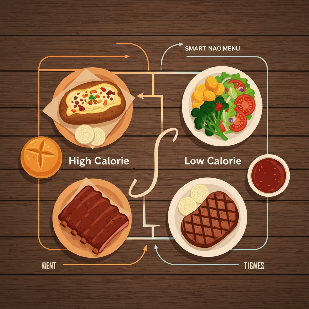 Lowest Calorie Meal at Texas Roadhouse 2026 2 A vibrant flat illustration depicting a Texas Roadhouse menu spread out on a rustic wooden table. On one side, a 'high calorie' pathway visually highlighted with tempting, larger portions like a loaded baked potato, a rack of ribs, and a buttery dinner roll, rendered in warm, rich colors. On the other side, a contrasting 'low calorie' pathway with lighter choices such as a grilled sirloin steak, steamed vegetables, and a simple side salad with vinaigrette, shown in cooler, fresher tones. A subtle visual arrow or stylized path guides the viewer from the heavier options towards the lighter, healthier alternatives, symbolizing smart menu navigation.