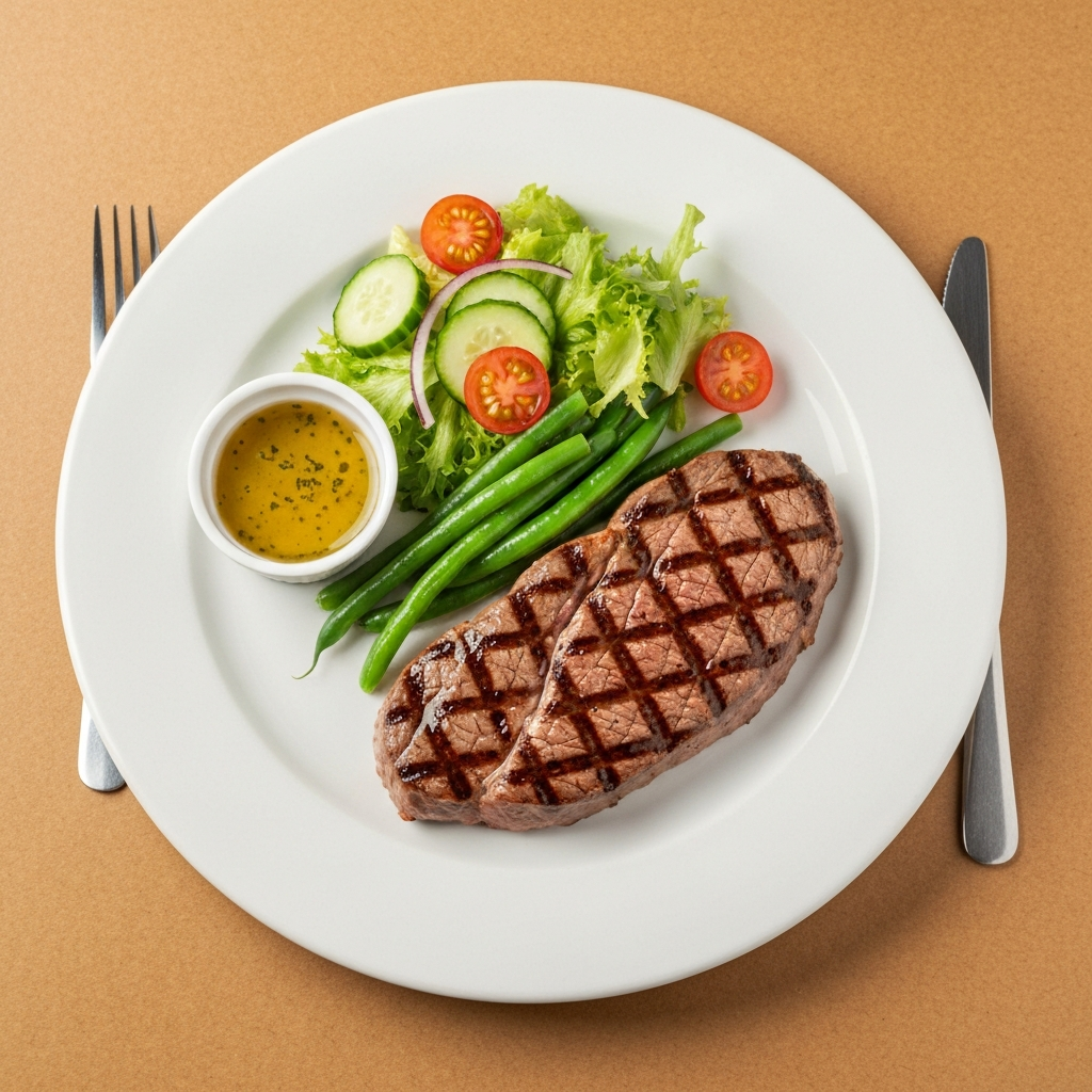 Lowest Calorie Meal at Texas Roadhouse 2026 3 A professional, well-lit overhead photograph of a perfectly composed, low-calorie meal presented on a clean, simple plate against a warm, inviting backdrop, subtly suggesting a restaurant setting. The centerpiece is a lean, grilled sirloin steak, cooked medium-rare. Alongside it, a vibrant medley of crisp, steamed green beans and a fresh, simple garden salad with cherry tomatoes and cucumber. A small, separate ramekin containing a light vinaigrette dressing is visible next to the salad, emphasizing controlled portions and healthy customization.