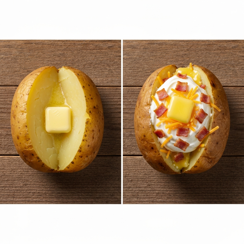 A professional, top-down food photography style image depicting two contrasting baked potatoes on a rustic wooden table. On the left, a simple, plain baked potato, lightly golden and fluffy, with a single, small pat of melting butter. It should convey a sense of lightness and health. On the right, a lavishly loaded baked potato overflowing with creamy white sour cream, golden shredded cheese, and crispy brown bacon bits, with melted butter pooled within. This potato should appear rich and indulgent, visually emphasizing the calorie difference without using any numerical data or text. Clean, blog-friendly background.