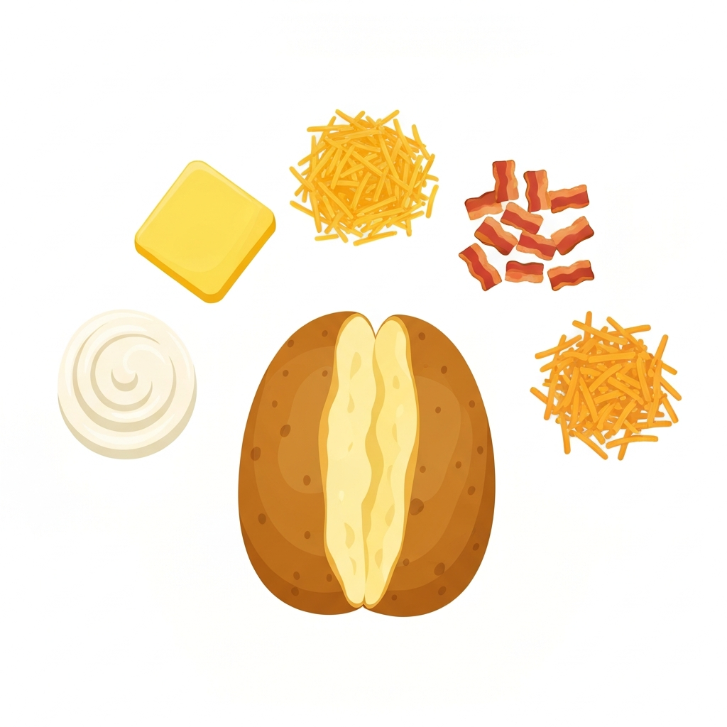 A vibrant, clean flat illustration in a top-down perspective. Centrally, a perfectly baked, golden-brown potato, split open slightly to reveal fluffy white interior. Arranged around the potato, in a semi-circle or segmented fashion, are distinct visual representations of common baked potato toppings: a rich yellow block of butter, a swirl of white sour cream, a pile of golden shredded cheese, and a scattering of crispy brown bacon bits. Each topping is clearly identifiable and visually separated, implying a breakdown of components that contribute to the overall dish. The illustration should be engaging and informative without any text.