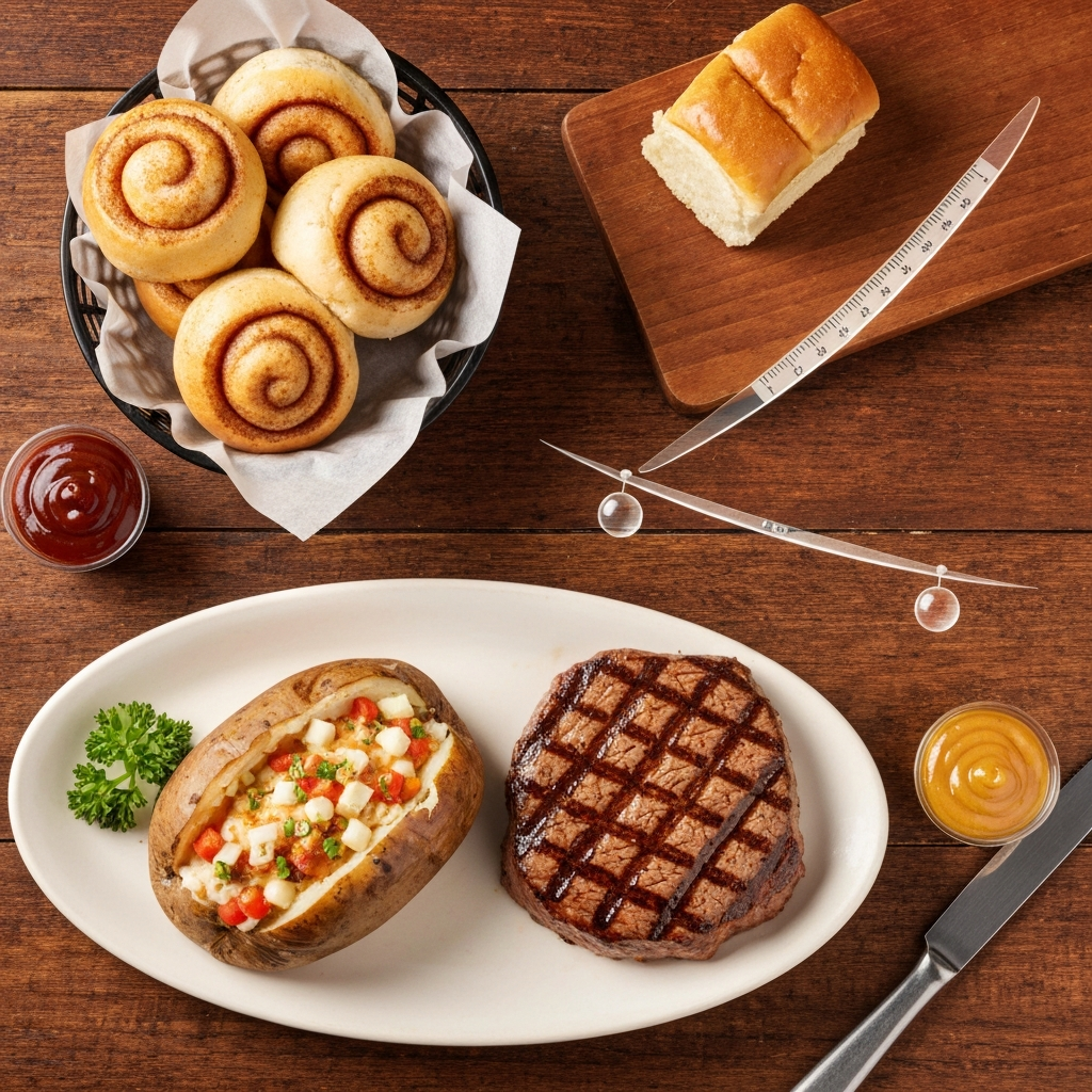 A vibrant, top-down professional photo of a classic Texas Roadhouse meal setup. Feature a perfectly cooked steak (e.g., a sirloin), a loaded baked potato with visible toppings, and a basket of their signature rolls with cinnamon butter. Subtly integrate elements suggesting calorie awareness: perhaps a small, almost translucent, numerical scale or a balancing element that implies measuring or mindful consumption, without showing actual calorie numbers. The setting should evoke the rustic, lively steakhouse ambiance with warm lighting and wooden textures.