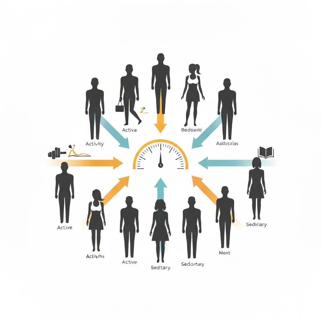 An infographic-style illustration depicting the concept of daily calorie needs. Show a diverse group of abstract, stylized human figures (male and female silhouettes or simple icons) of varying ages and activity levels. Activity levels can be represented by subtle action poses or simple symbols like a small weight for active, a book for sedentary. Around these figures, conceptualized lines or arrows radiate outwards towards a central, balanced scale or a dial, symbolizing individualized calorie targets. Use a clean, modern color palette with clear separation of elements.