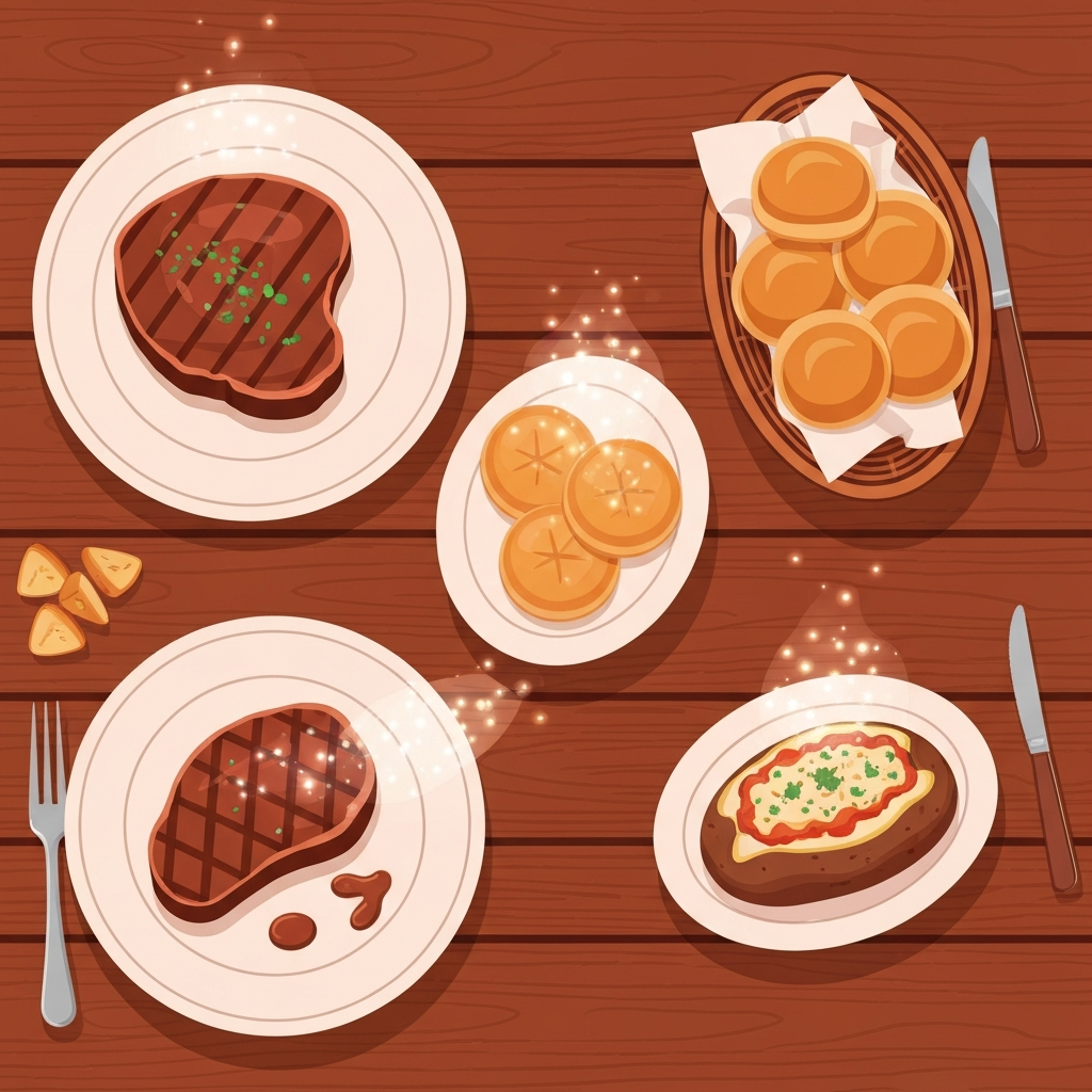 A vibrant, inviting flat illustration of a typical Texas Roadhouse dining experience from an overhead perspective. A wooden table is set with a few iconic, stylized dishes: a generously portioned steak, a basket of warm rolls, and a side dish like a loaded baked potato. Subtle, glowing energy particles or a soft, abstract aura emanates from each food item, visually representing its caloric content, with some items having a denser or brighter glow than others, symbolizing higher calories. The overall scene should convey warmth and abundance, juxtaposed with the abstract caloric indicators, using a modern, clean design style with a warm color palette.