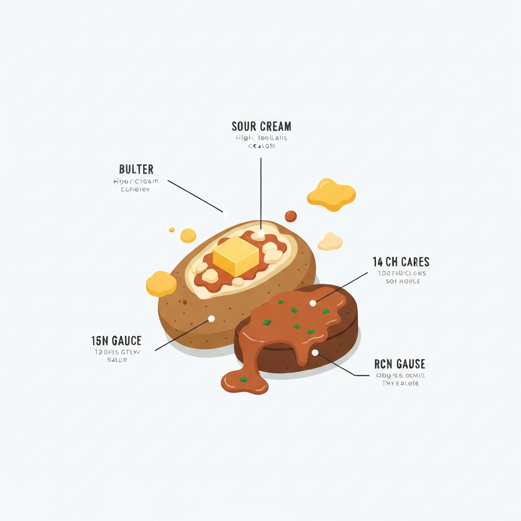 An isometric infographic illustration detailing the caloric breakdown of a popular Texas Roadhouse meal component, such as a loaded baked potato or a generously sauced steak. The main dish is presented, with key high-calorie additions (like butter, sour cream, cheese, or a rich gravy/sauce) visually separated or highlighted with subtle visual cues indicating their contribution. For example, a potato with small, stylized blobs representing butter and cheese floating nearby. The style should be clean, informative, and visually digestible, using a light and friendly color scheme suitable for explaining nutritional content without being overtly clinical.