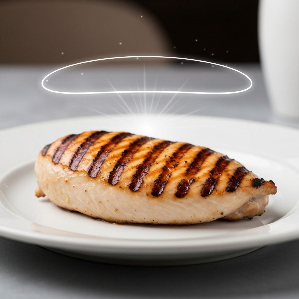 A professional, inviting photo of a perfectly grilled chicken breast, golden-brown with distinct char marks, resting on a plain white plate. A subtle, abstract halo or light shimmer emanates from the chicken, symbolizing its lean protein and lower calorie nature, without any numbers or text. The background is softly blurred, hinting at a clean restaurant environment. Emphasize fresh appearance, natural textures, and an appealing, healthy presentation. The overall mood should be clean, bright, and focus purely on the grilled chicken as a wholesome meal choice.