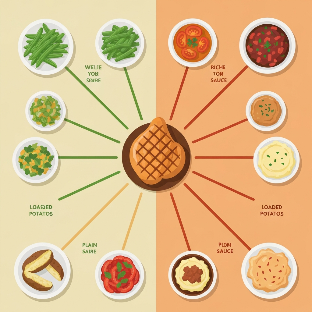 An overhead, infographic-style illustration depicting a grilled chicken breast as a central hub. From this central chicken, multiple pathways or branches extend outwards to illustrate various side dishes and toppings. On one side, lighter, healthier options like steamed green beans or a plain baked potato are shown with fresh, vibrant colors. On the opposing side, richer additions such as loaded mashed potatoes or a creamy sauce are depicted with slightly warmer, denser hues, visually suggesting their increased caloric contribution. The style should be clean, flat illustration with distinct shapes and a balanced composition, illustrating choice and impact.