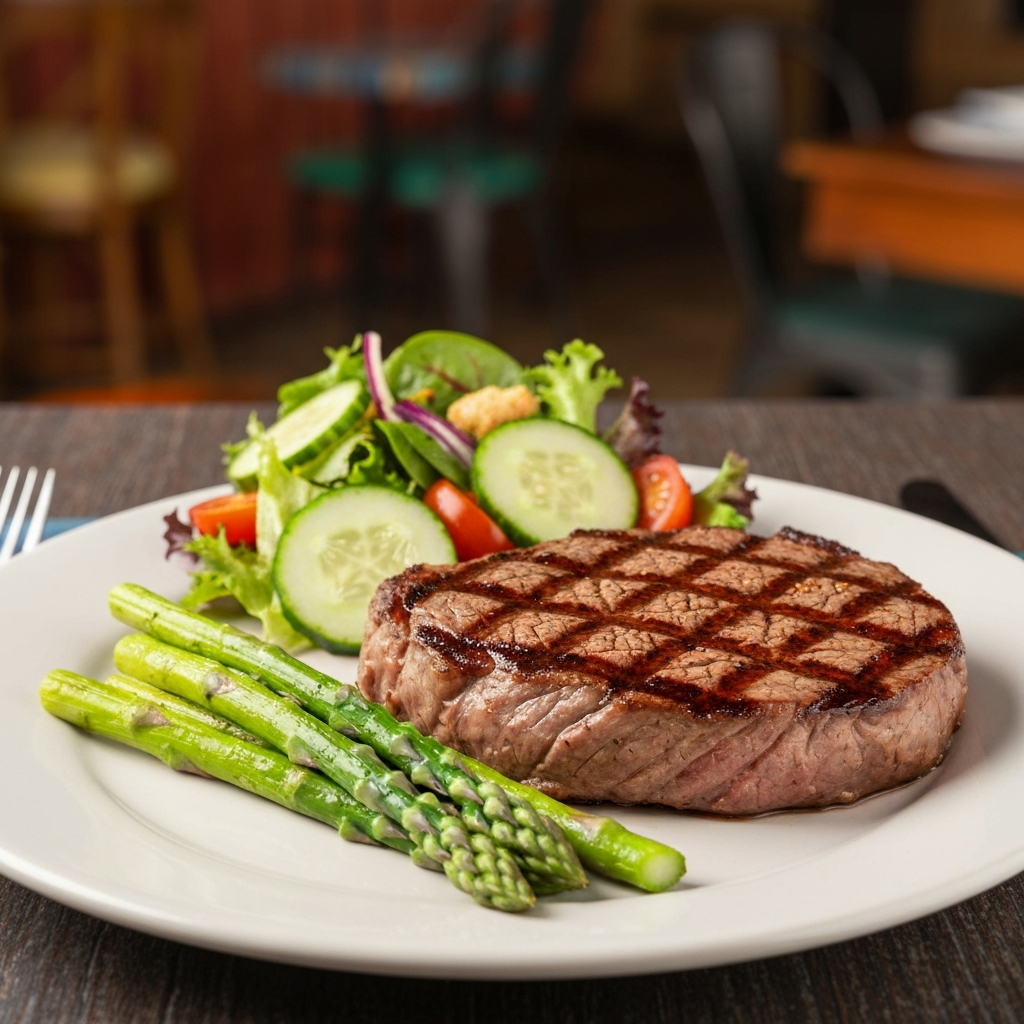 A professional food photo capturing a perfectly cooked, sizzling grilled ribeye steak as the centerpiece. Alongside the steak, a small portion of vibrant green steamed asparagus spears and a fresh side salad with mixed greens, sliced cucumber, and cherry tomatoes, clearly without croutons or heavy dressing. The setting suggests a restaurant table, with subtle hints of a rustic, lively atmosphere in the blurred background. The image should convey deliciousness and healthy eating, highlighting a satisfying keto-friendly meal option. Bright, natural lighting.