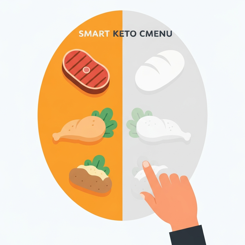 A vibrant flat illustration depicting a conceptual restaurant menu, visually divided to highlight smart keto choices. On one side, stylized icons represent keto-friendly options like a grilled steak, chicken breast, and green vegetables, appearing bright and appealing. On the opposing side, abstract shapes or faded icons symbolize high-carb items such as a bread roll or a baked potato, appearing less prominent. A human hand gesture subtly points towards the keto options. The illustration should convey making informed decisions, with a clean, modern aesthetic suitable for a guide on dining out.