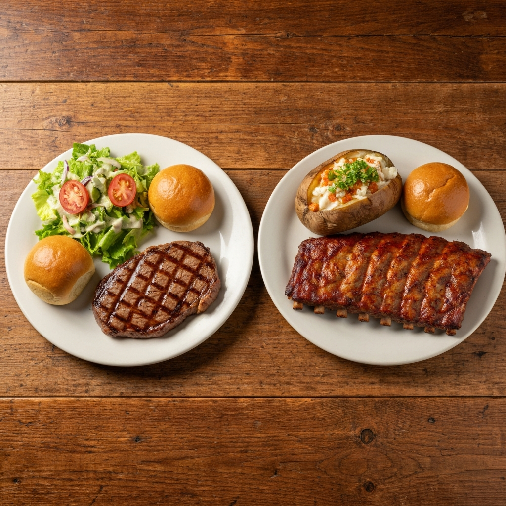 A professional, appetizing photo showing two plates on a rustic wooden table, reminiscent of Texas Roadhouse. The left plate features a typical 'lunch' offering: a moderately sized grilled sirloin steak (e.g., 6oz), a vibrant side salad with light dressing, and one small sweet yeast roll. The right plate displays a 'dinner' meal: a generous full rack of ribs, a loaded baked potato with visible toppings, and two larger sweet yeast rolls. The visual contrast emphasizes portion size and meal composition differences.