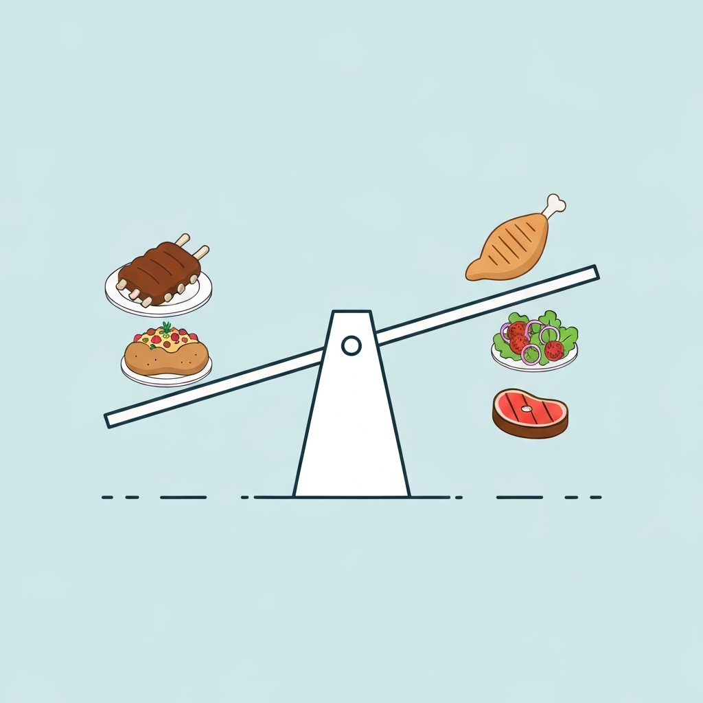 A modern, clean vector illustration in an infographic style, depicting a conceptual balancing scale or seesaw. On one side, heavier, more calorie-dense food items (e.g., a large plate of ribs, a loaded baked potato icon) are visually weighing it down. On the opposite side, lighter, smaller portions (e.g., a grilled chicken breast icon, a small side salad icon, a smaller steak icon) are shown, creating a more balanced or slightly elevated effect. The overall image represents making conscious choices for calorie management.