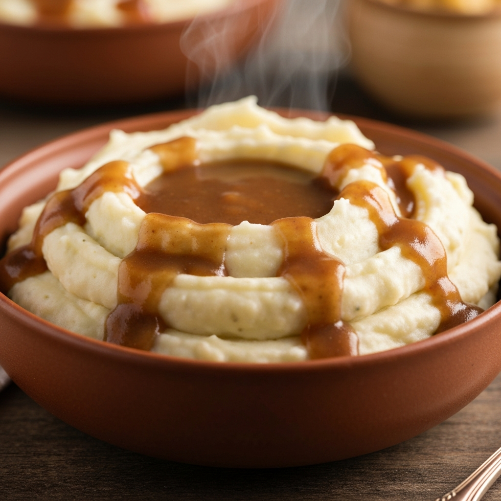 A professional, warm-toned food photograph capturing a generous serving of Texas Roadhouse-style mashed potatoes in a rustic ceramic bowl. A rich, dark brown gravy is artfully drizzled over the creamy, fluffy potatoes, creating glistening streaks. Subtle steam rises, indicating warmth and freshness. The background is softly blurred, focusing entirely on the comforting, hearty dish, emphasizing its appetizing and substantial nature without showing calorie content explicitly. Emphasize a sense of indulgent richness.