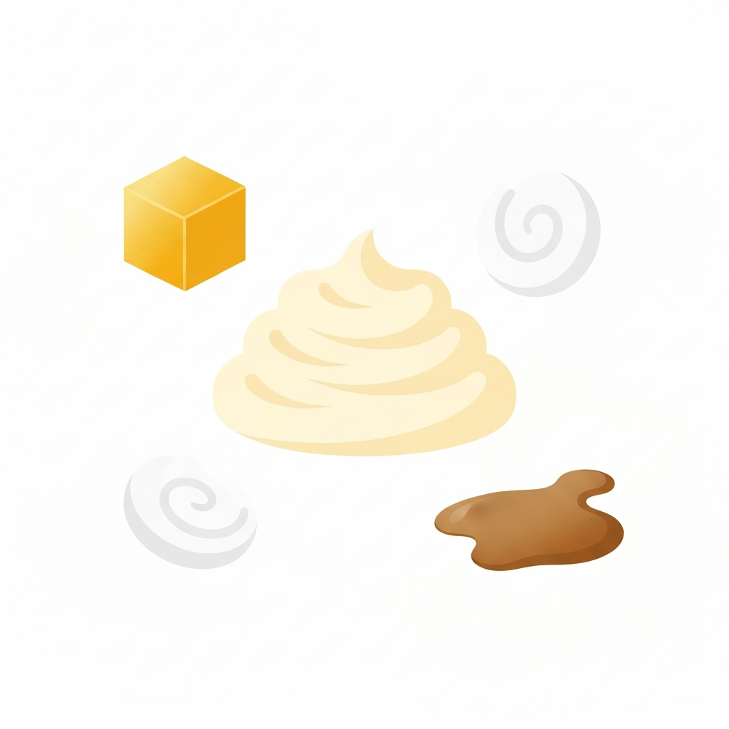 A clean, modern flat illustration depicting the components contributing to the calorie count of mashed potatoes. A stylized, creamy white mound represents the mashed potatoes at the center. Around it, smaller, distinct icons or shapes represent key caloric additions: a golden block for butter, a white swirl for milk/cream, and a brown puddle for gravy. Each element visually implies its contribution to the overall 'richness' or 'energy' of the dish in an abstract, infographic style, without any text or numbers.