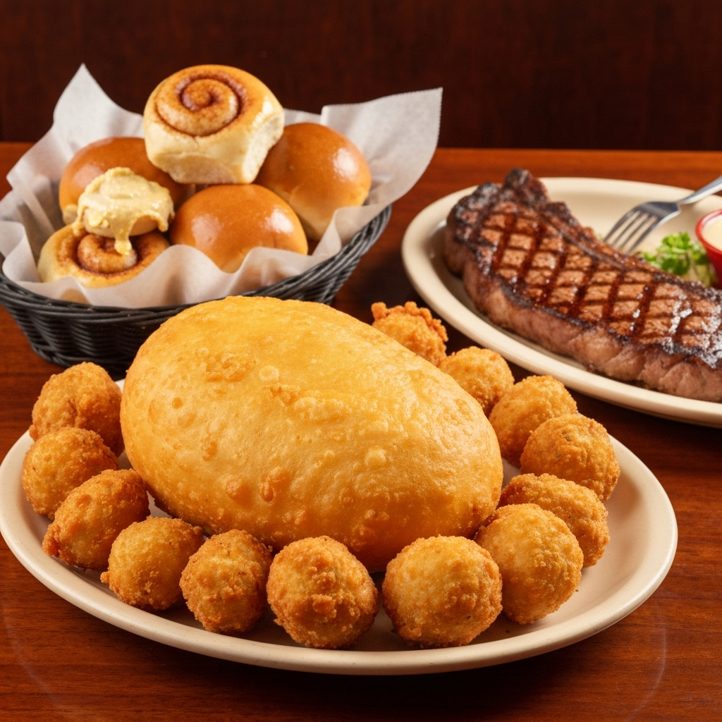 A vibrant, professional photo captures a diner's eye-level view of a generously portioned Texas Roadhouse meal. The centerpiece is a massive, golden-fried Cactus Blossom appetizer, so large it dominates the frame, appearing almost comically huge on the table. Beside it, an overflowing basket of warm, buttery rolls with cinnamon butter and a large, juicy steak are visible, emphasizing the restaurant's commitment to abundance. The scene should convey the overwhelming scale of the servings, highlighting the potential for high calorie intake. Focus on rich textures and inviting restaurant lighting.