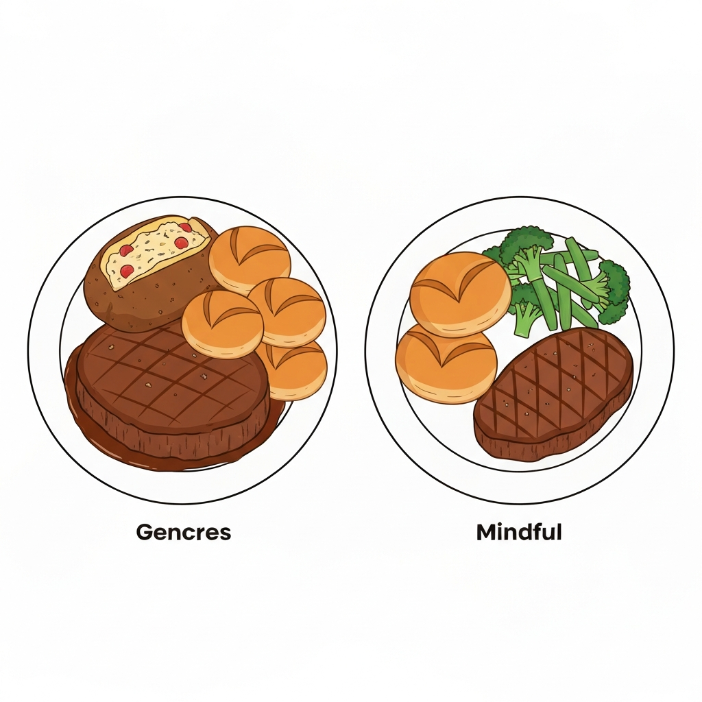 A clean, infographic-style illustration presenting a visual comparison of two plates. On the left, a plate is piled high with a large, thick-cut steak, a fully loaded baked potato, and multiple warm rolls, symbolizing an indulgent, high-calorie meal. On the right, a second plate features a moderately sized, leaner steak, a side of steamed green beans or broccoli, and a single roll, representing a more balanced, portion-controlled option. The overall design should clearly differentiate the 'generous' versus 'mindful' choices, using subtle variations in food size and composition.