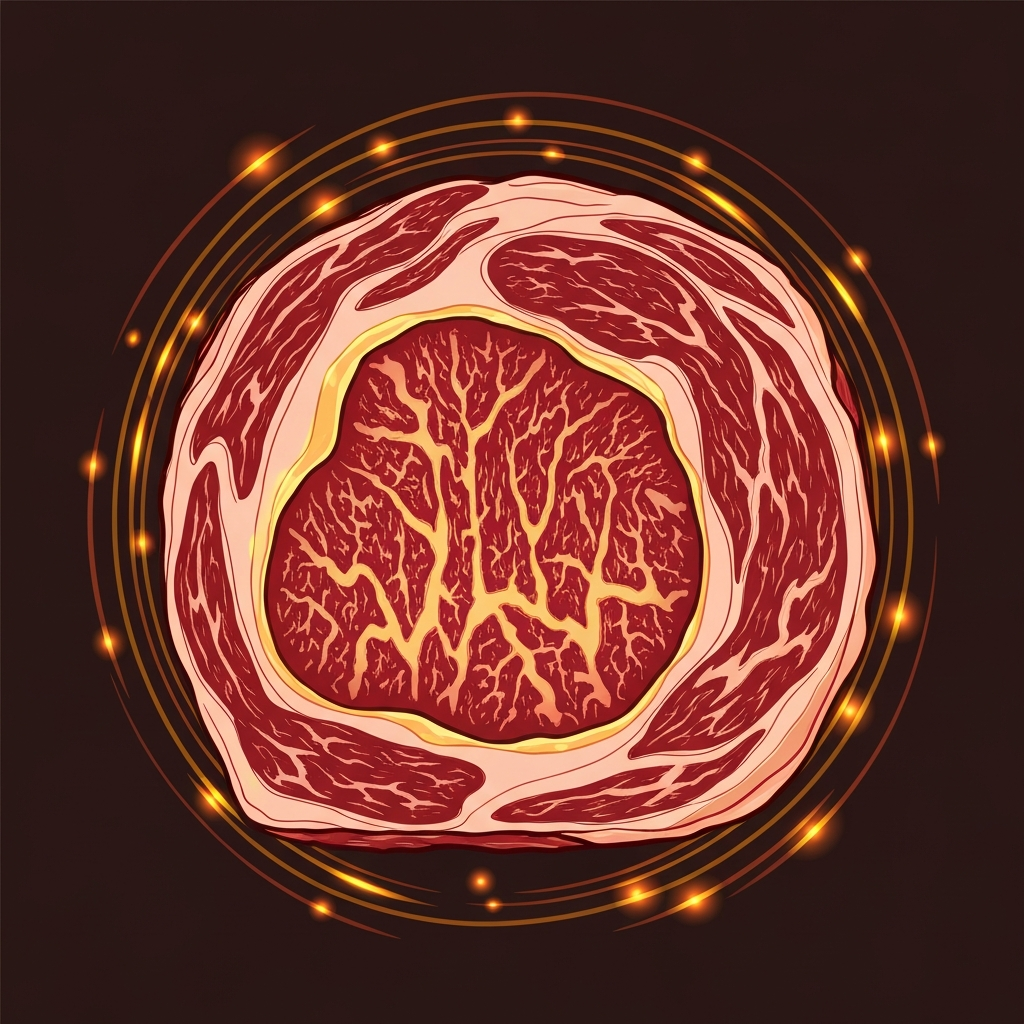 Texas Roadhouse Ribeye Calories (2026 Guide) 3 A detailed flat illustration showcasing a stylized cross-section of a raw ribeye steak, emphasizing its intricate and beautiful marbling (intramuscular fat) in rich detail. The marbling should be rendered with a slightly golden or yellowish hue to represent fat, contrasting with the deep red muscle tissue. Around the marbled areas, subtle, abstract, glowing orange and yellow energy particles or concentric rings radiate outwards, visually symbolizing the caloric density derived from the fat. The illustration should have a clean, modern aesthetic with clear lines and a focus on the textural contrast of the steak.