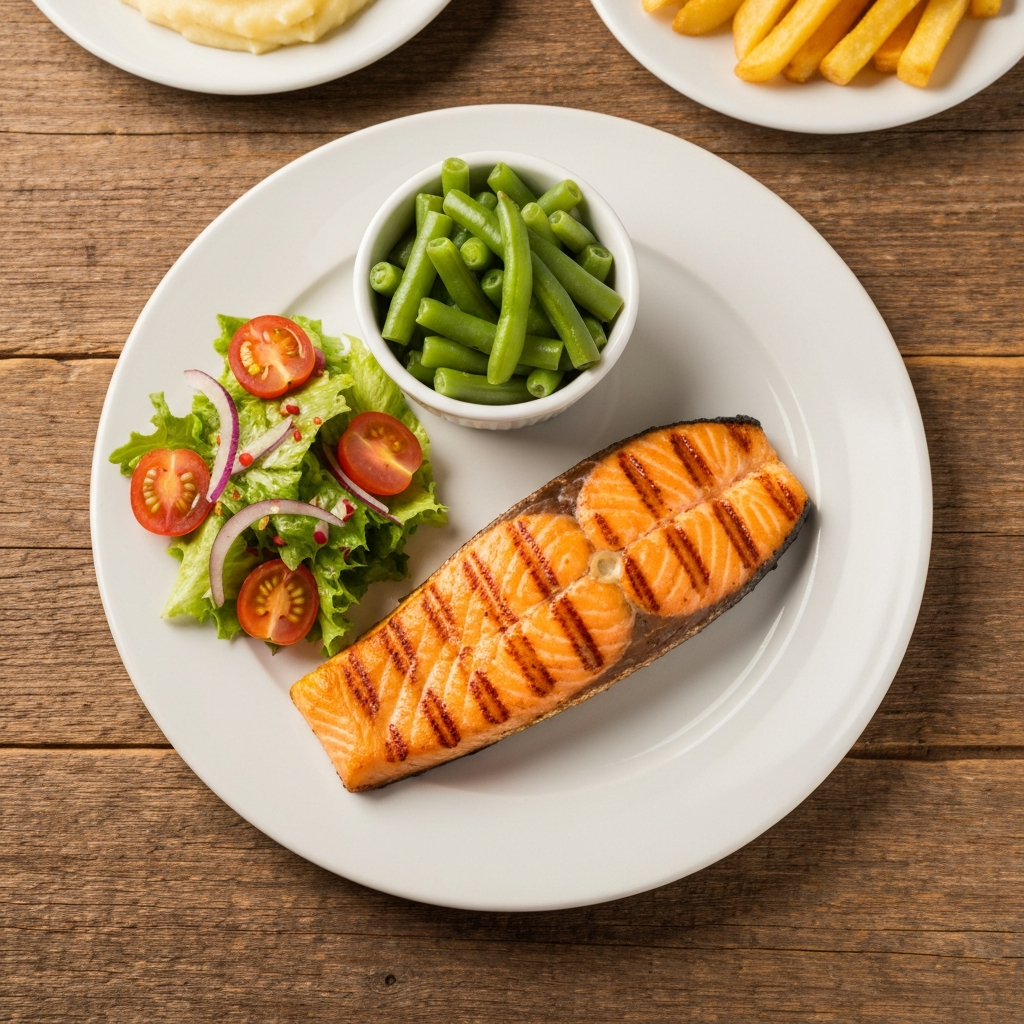 A top-down, professional photo of a perfectly grilled Atlantic salmon fillet, golden-brown and flaky, served on a rustic wooden table reminiscent of a Texas Roadhouse setting. On one side of the plate, a small bowl of vibrant steamed green beans and a fresh side salad with cherry tomatoes and a light vinaigrette represent healthy choices. On the other side, a subtle visual hint of less healthy options like a small portion of creamy mashed potatoes or golden fries can be seen in the background, softly out of focus. The focus is on the appealing, healthy salmon meal. The overall feel should be appetizing and clean.