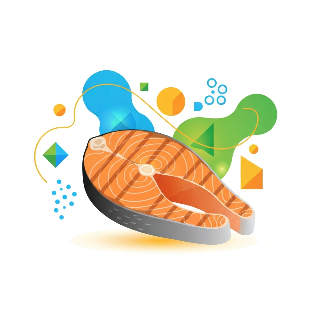 A modern, stylized flat illustration depicting a generous portion of grilled salmon as the central element, emanating a subtle glow. Around the salmon, various abstract, colorful geometric shapes and fluid lines float. Some shapes are vibrant blue and green, subtly symbolizing healthy omega-3 fatty acids and beneficial nutrients. Other shapes are a warmer yellow or orange, visually representing the concept of calorie density or less healthy additions from preparation. The background is clean and minimalist, allowing the interplay of these abstract nutritional representations to be the focus. The aesthetic is clean, informative, and visually engaging.