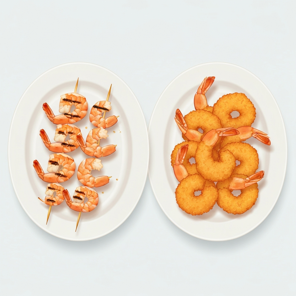 Texas Roadhouse Shrimp: Calorie Breakdown 2026 2 A clear, vibrant flat illustration contrasting two plates of shrimp side-by-side on a clean, light background. On the left plate, a serving of perfectly grilled shrimp skewers with visible grill marks and a very subtle sheen, appearing lean and healthy. On the right plate, a generous portion of golden-brown, heavily breaded, crispy fried shrimp, appearing more substantial and indulgent. The visual difference in size and texture should intuitively convey a significant caloric disparity between the two preparation methods, suitable for a nutritional comparison.