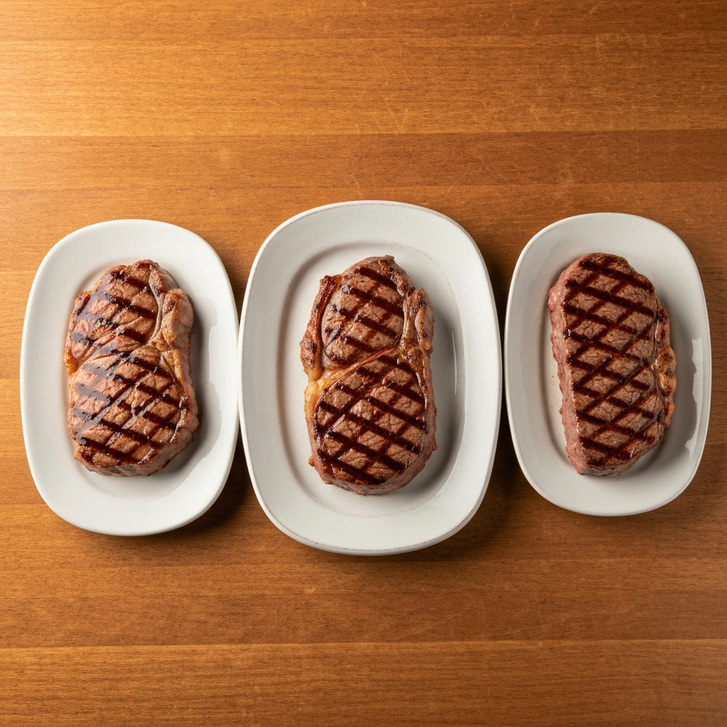 A top-down professional photo of four perfectly grilled sirloin steaks, each clearly showcasing a distinct size. From left to right, they visually represent a 6 oz, 8 oz, 10 oz, and 12 oz cut, all with beautiful sear marks and a juicy appearance. Each steak rests on a simple, rustic white plate, arranged on a warm wooden tabletop, subtly hinting at a steakhouse setting. The lighting is inviting and natural, emphasizing the texture and color of the meat. The focus is purely on the proportional size differences between the cuts, without any external measuring tools.