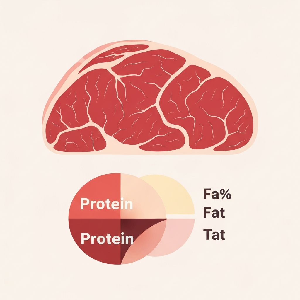 A clean, modern flat illustration depicting a cross-section of a sirloin steak. The illustration should visually emphasize the steak's nutritional components. Show a large area of lean, reddish-pink muscle tissue, subtly interspersed with delicate, organic patterns of white or light yellow fat marbling. Below the steak, an abstract, minimalist representation uses different colored shapes or overlapping segments to symbolize the protein content (large segment) and fat content (smaller segments), without any numbers or labels. The background is a soft, neutral color, maintaining a professional and informative aesthetic.