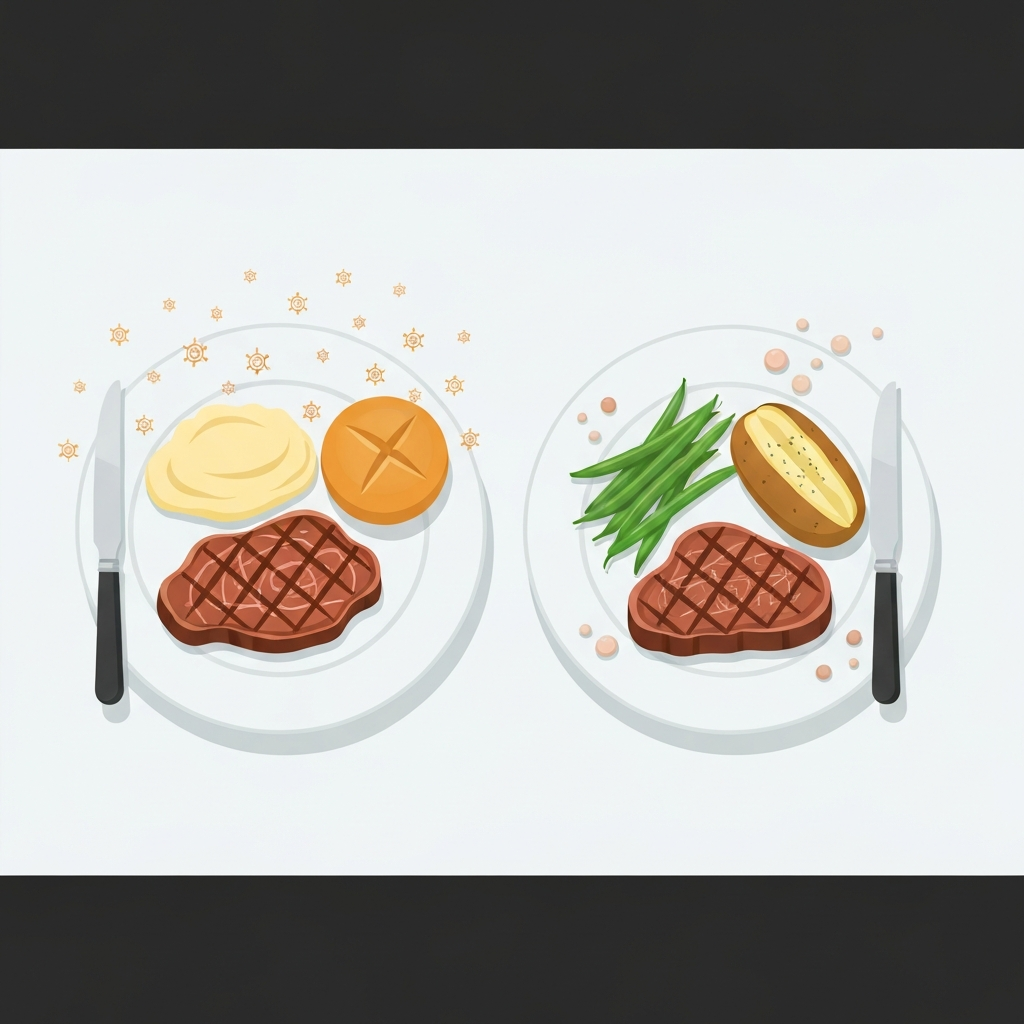 A flat infographic illustration comparing two stylized dinner plates side-by-side on a clean, light background. The left plate features a large, marbled grilled steak, a generous scoop of mashed potatoes, and a small bread roll, with subtle abstract visual representations of high fat globules and numerous tiny 'energy spark' icons floating around it. The right plate displays a smaller, leaner grilled steak, a side of steamed green beans, and a plain baked potato, with fewer and smaller fat globules and energy sparks. The overall composition should clearly emphasize the nutritional contrast between the two meals.