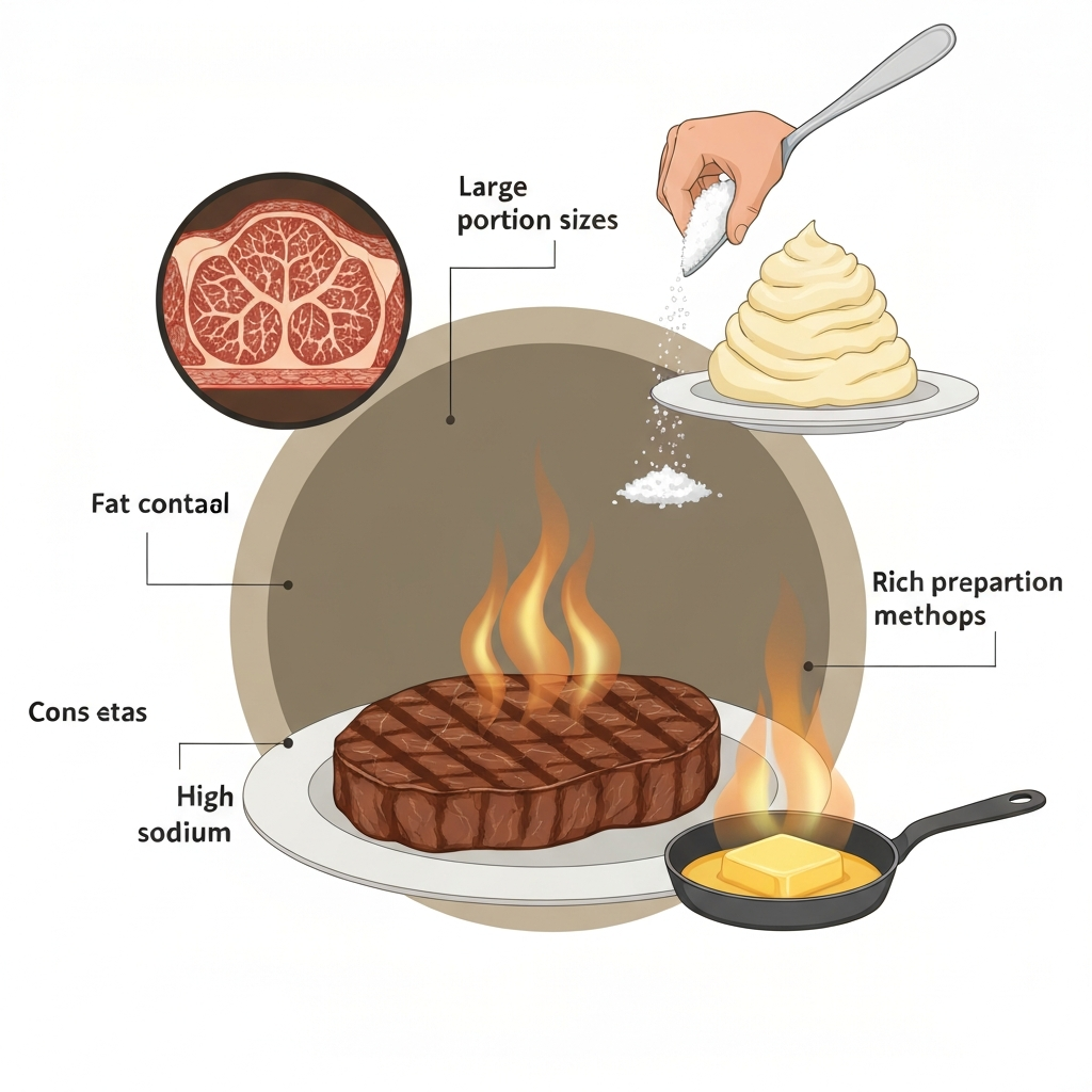 A clean, professional diagrammatic illustration explaining the key nutritional aspects of a steakhouse meal. Central to the image is a perfectly grilled steak, radiating subtle heat. Surrounding it in a conceptual, radial layout are distinct visual elements: a magnified cross-section of marbling within the steak representing fat content; a towering pile of mashed potatoes on a fork symbolizing large portion sizes and carbohydrates; a stylized hand shaking abundant salt onto a dish, representing high sodium; and a glowing, bubbling pan of butter next to the steak, indicating rich preparation methods. The overall composition is balanced and informative, using a muted, appetizing color scheme.