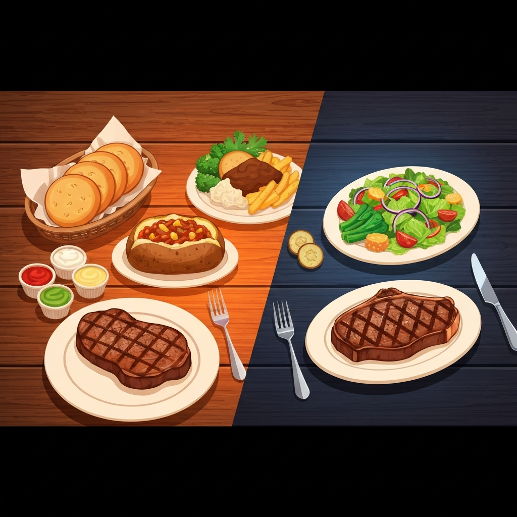 A vibrant, clean flat illustration comparing two distinct restaurant table settings side-by-side. On the left, a rustic wooden table represents Texas Roadhouse, featuring a hearty steak, a generous loaded baked potato, and a basket of signature bread, with a subtle, warm orange glow emanating slightly from the food, symbolizing higher caloric density. On the right, a slightly more contemporary table setting represents Outback Steakhouse, showcasing a grilled steak, a fresh side of steamed vegetables, and a lighter salad, with a softer, cooler blue glow. The overall image should convey a clear visual contrast in meal composition and implied calorie impact without using any numbers or text.