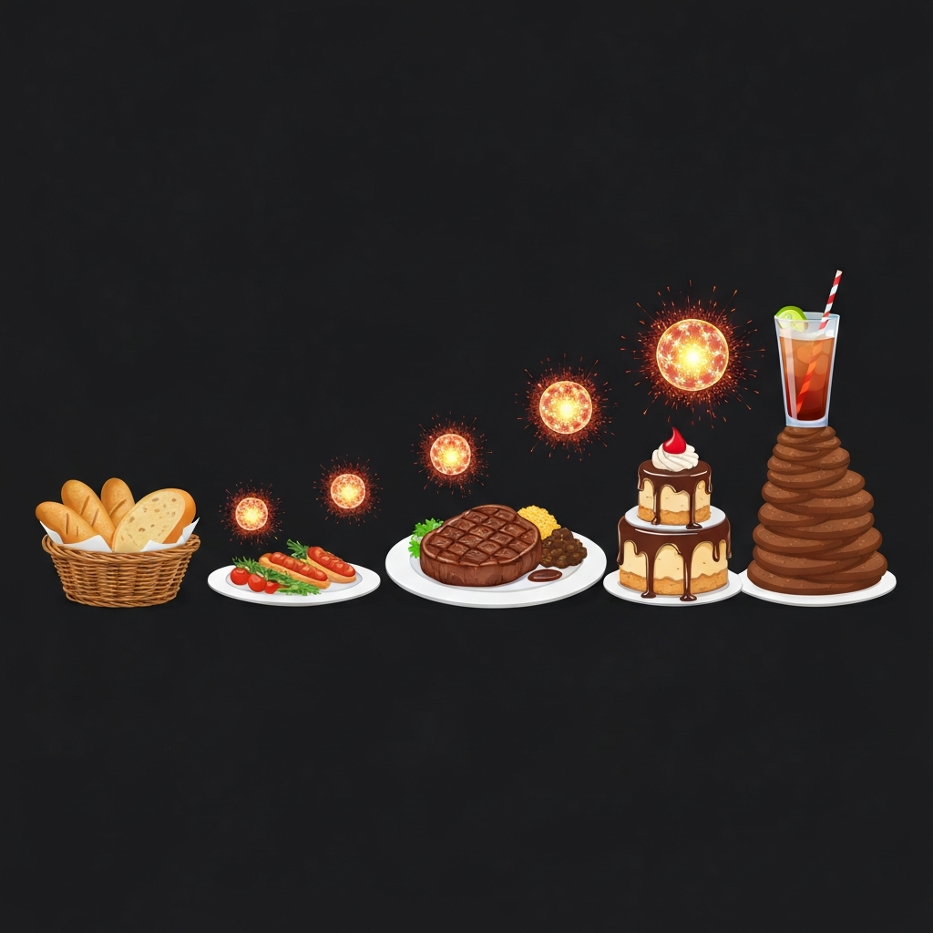 An engaging infographic-style illustration depicting the cumulative caloric impact of a typical restaurant meal. The image shows a sequence of food items visually building up from left to right: starting with a basket of bread, then an appetizer, followed by a large steak entrée with a rich side dish, a decadent dessert, and a sweet drink. Each successive item subtly increases in visual 'weight' or is represented with a small, abstract, glowing energy orb that grows larger and more intense with each addition, culminating in a visibly substantial pile of food. The aesthetic should be clean and modern, emphasizing the concept of portion size and richness without any numbers or labels.
