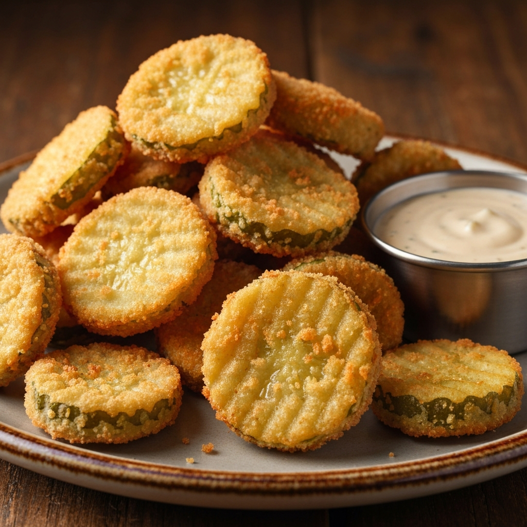 Unhealthiest Texas Roadhouse Items: What to Avoid 2 A close-up, professional food photograph of a generous serving of crispy, golden-brown fried pickles piled high on a rustic plate. The pickles are glistening slightly from being fried, with visible breading texture. A small ramekin of a creamy dipping sauce is beside the pickles, creating a sense of a hearty, indulgent appetizer. The lighting is warm and inviting, but the composition subtly emphasizes the abundance and richness of the dish, hinting at its high caloric content.